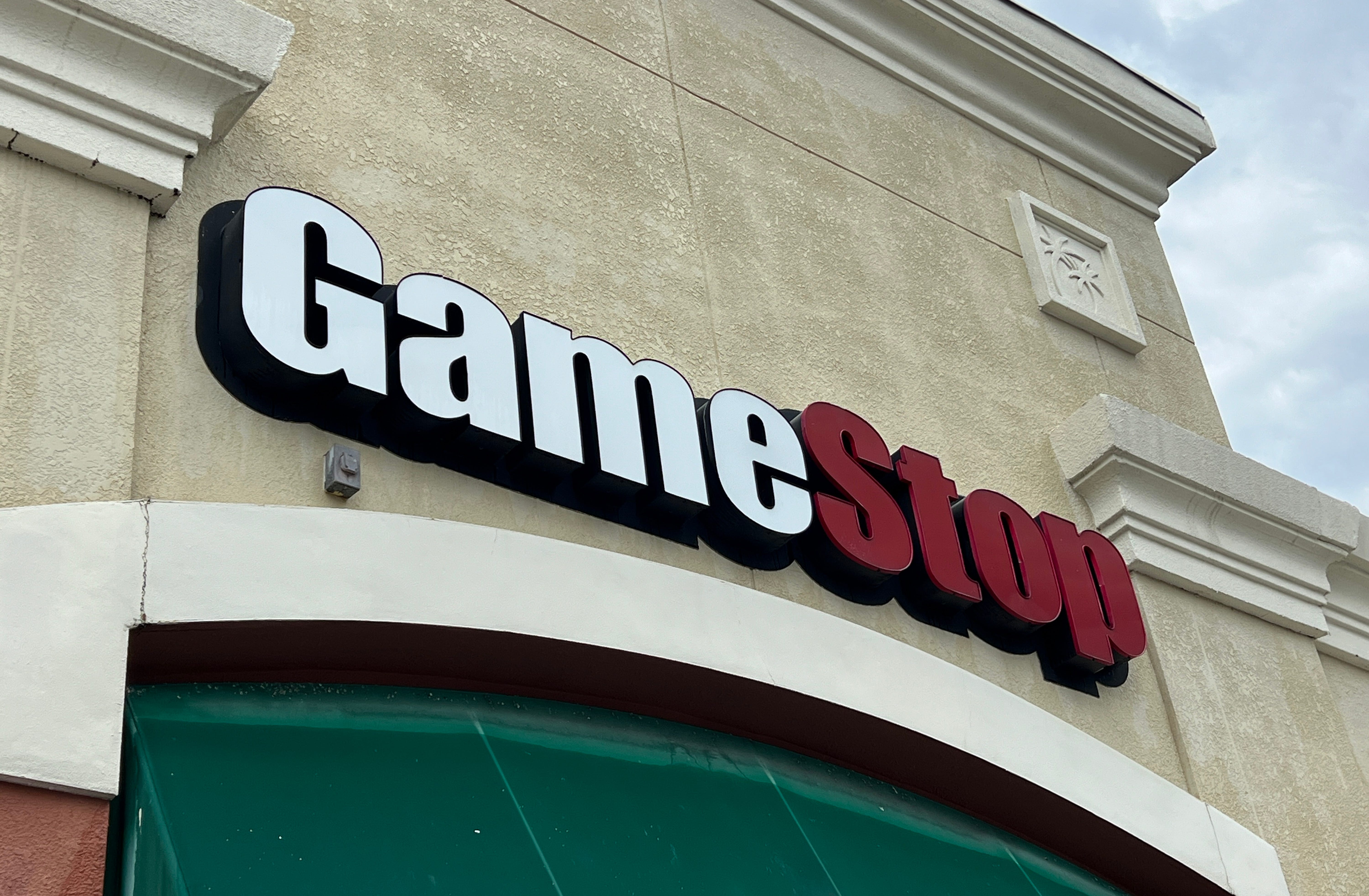 A GameStop sign hangs near the entrance on May 28, 2024 in Miami, Florida.