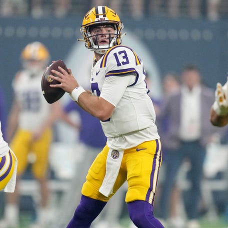LSU quarterback Garrett Nussmeier (13) looks to throw during his team's game against Southern California on Sunday, Sept. 1, 2024, at Allegiant Stadium in Paradise, Nev.