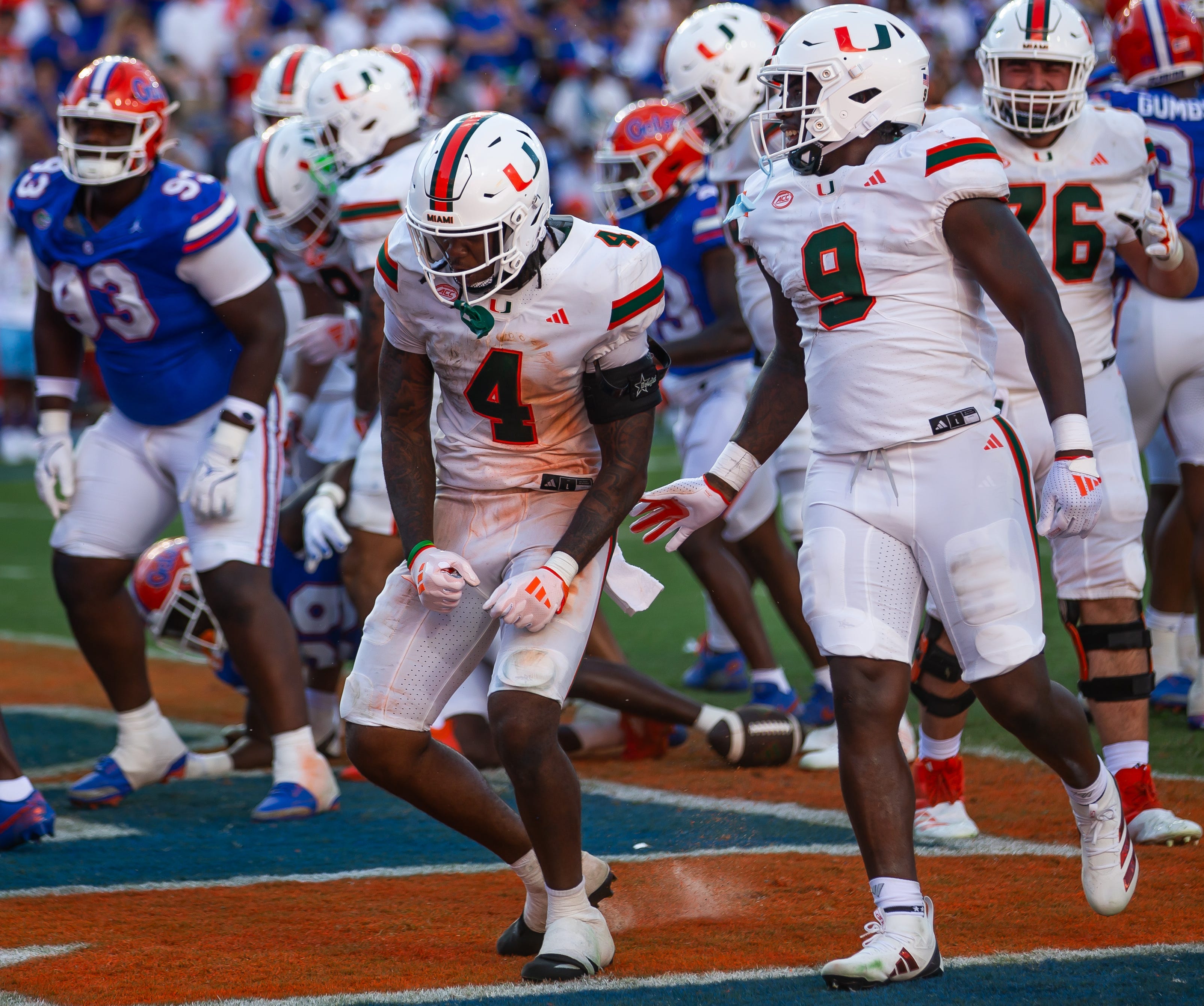 Miami running back Mark Fletcher Jr. (4) celebrates after a touchdown against Florida at Ben Hill Griffin Stadium, Saturday, August 31, 2024.