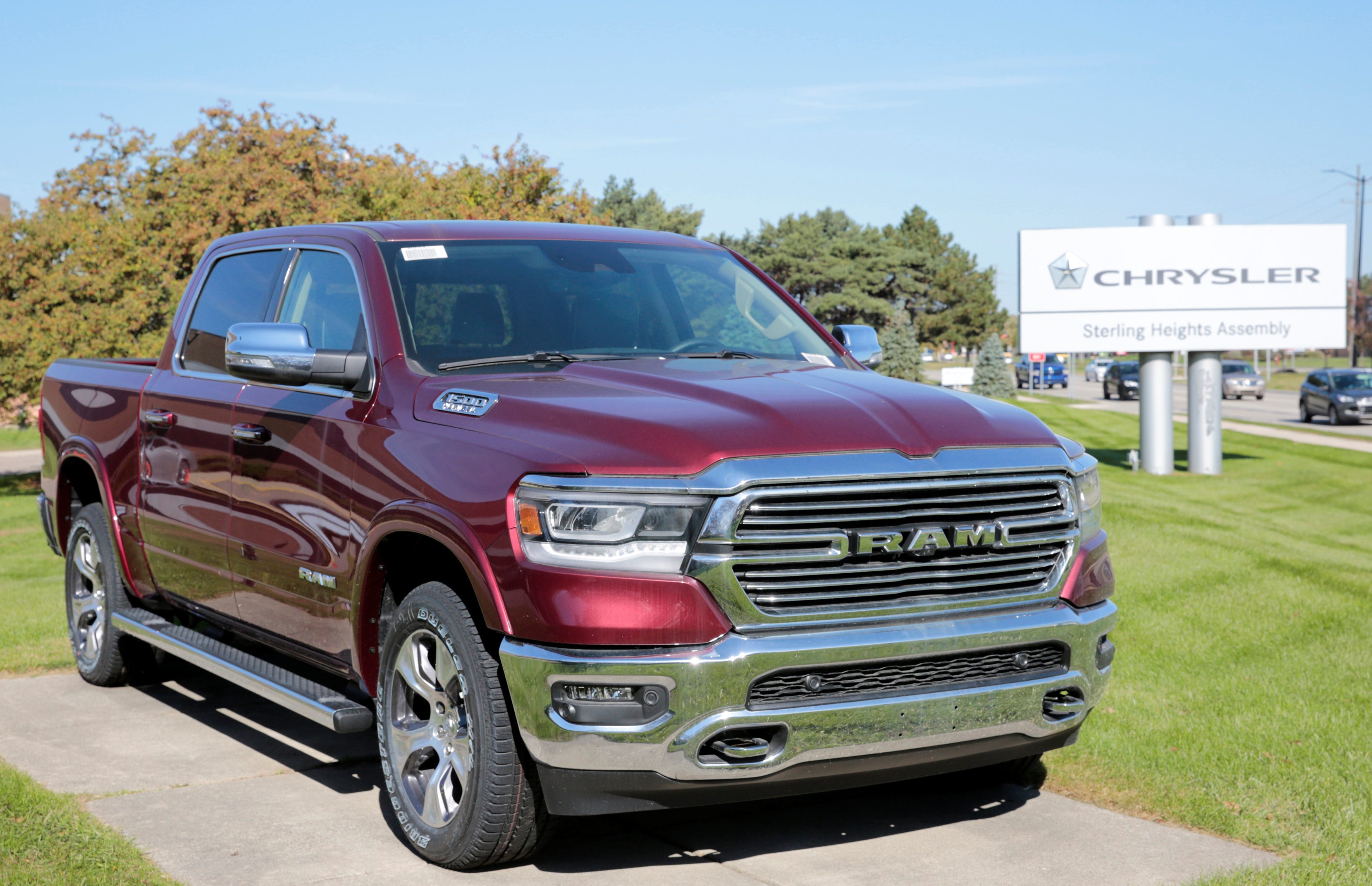 A 2019 Ram 1500 pickup truck is on display in front of the Fiat Chrysler Automobiles (FCA) Sterling Heights Assembly Plant in Sterling Heights, Michigan, U.S., Oct. 22, 2018.