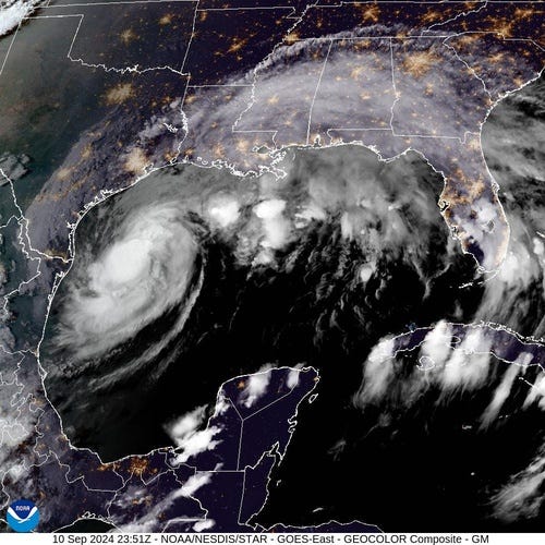 Satellite imagery of Hurricane Francine as of 7 p.m. CDT Tuesday, Sept, 10, 2024.