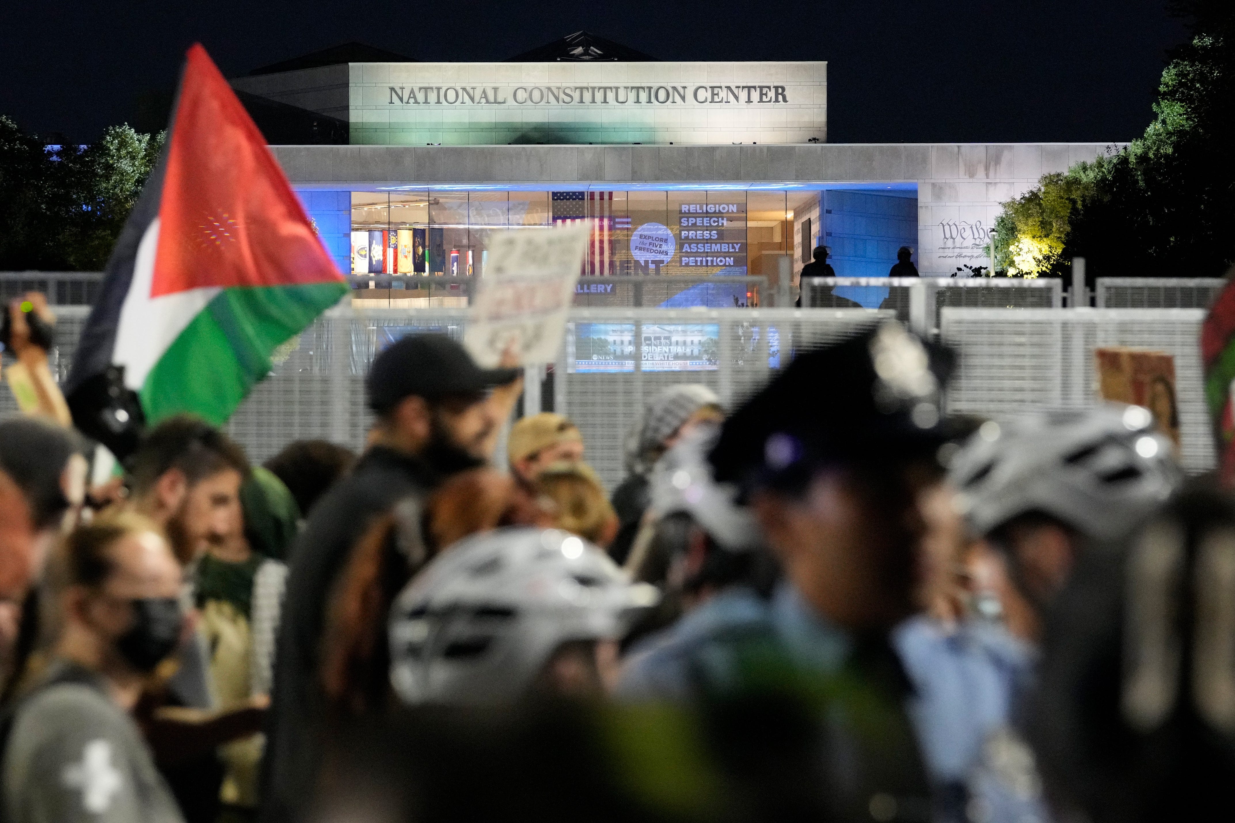 Pro Palestinian protesters march from Philadelphia City Hall to the National Constitution Center, where the ABC News Presidential Debate between Kamala Harris and Donald Trump is taking place on Sept. 10, 2024.