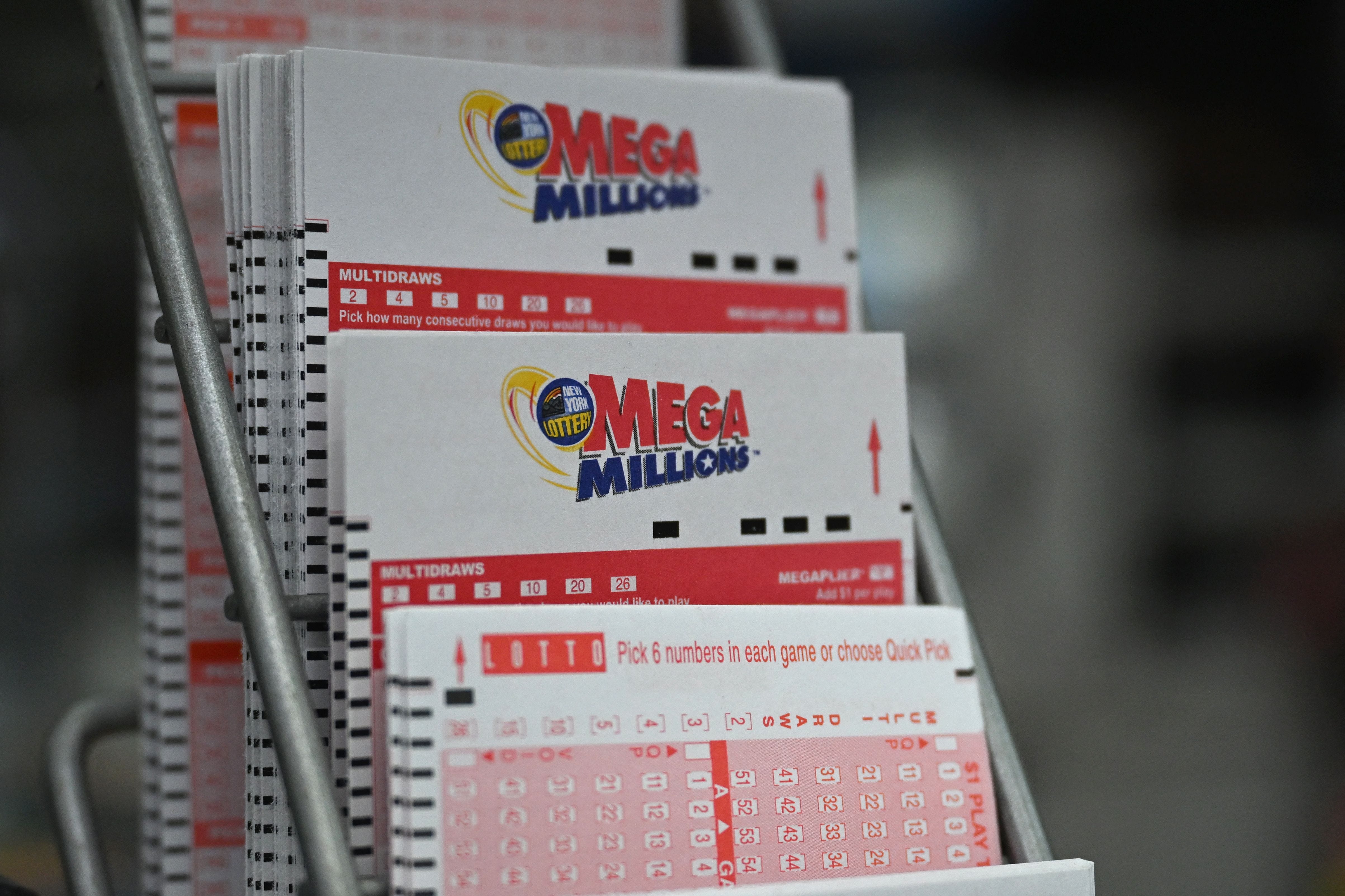 Lottery tickets for the Mega Millions jackpot which is at $1.58 billion are seen in a store on August 8, 2023 in New York.