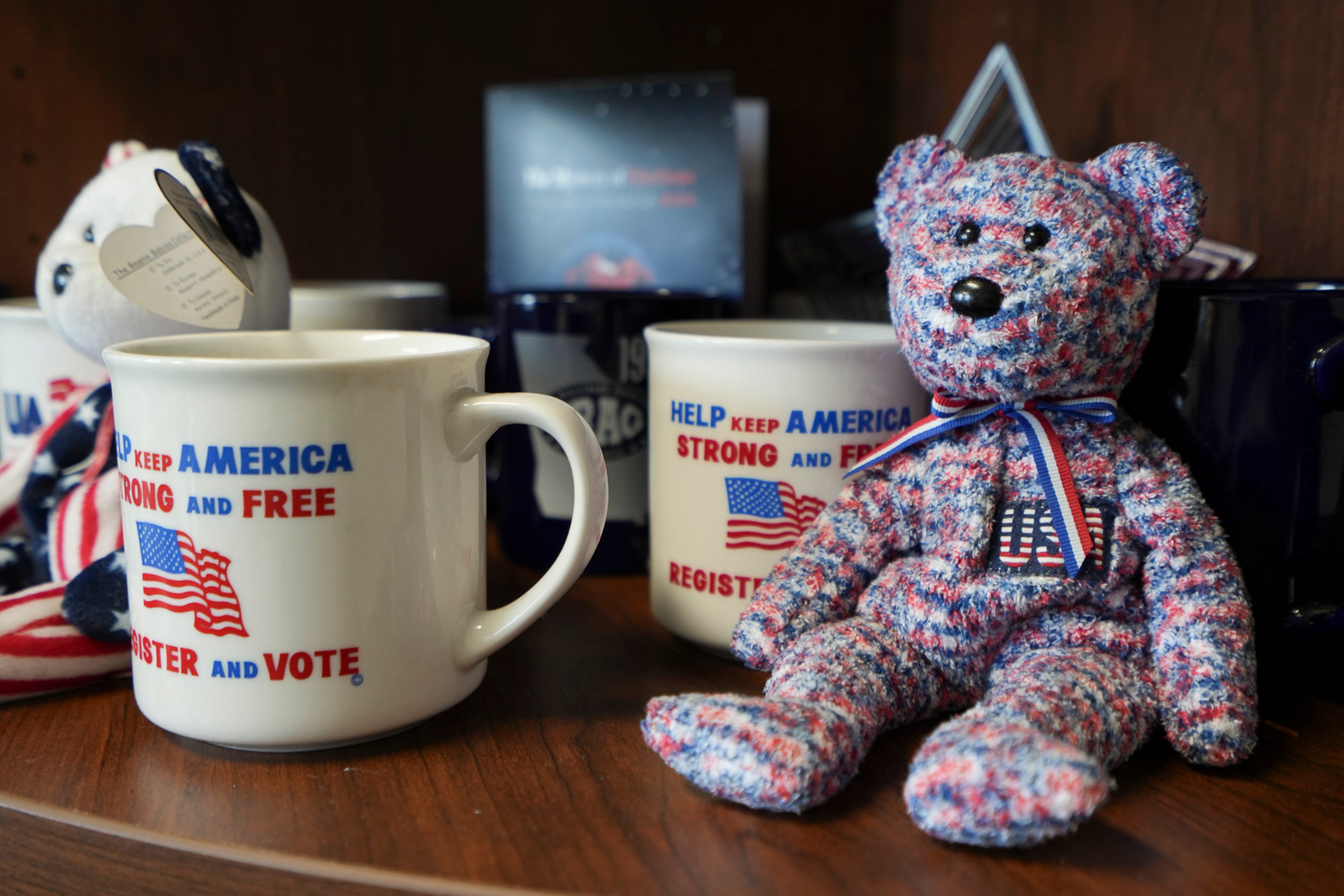 Travis Doss, the Executive Director for the Richmond County Board of Elections, shows off his patriotic beanie baby collection in Augusta, Georgia on Sept. 5, 2024.