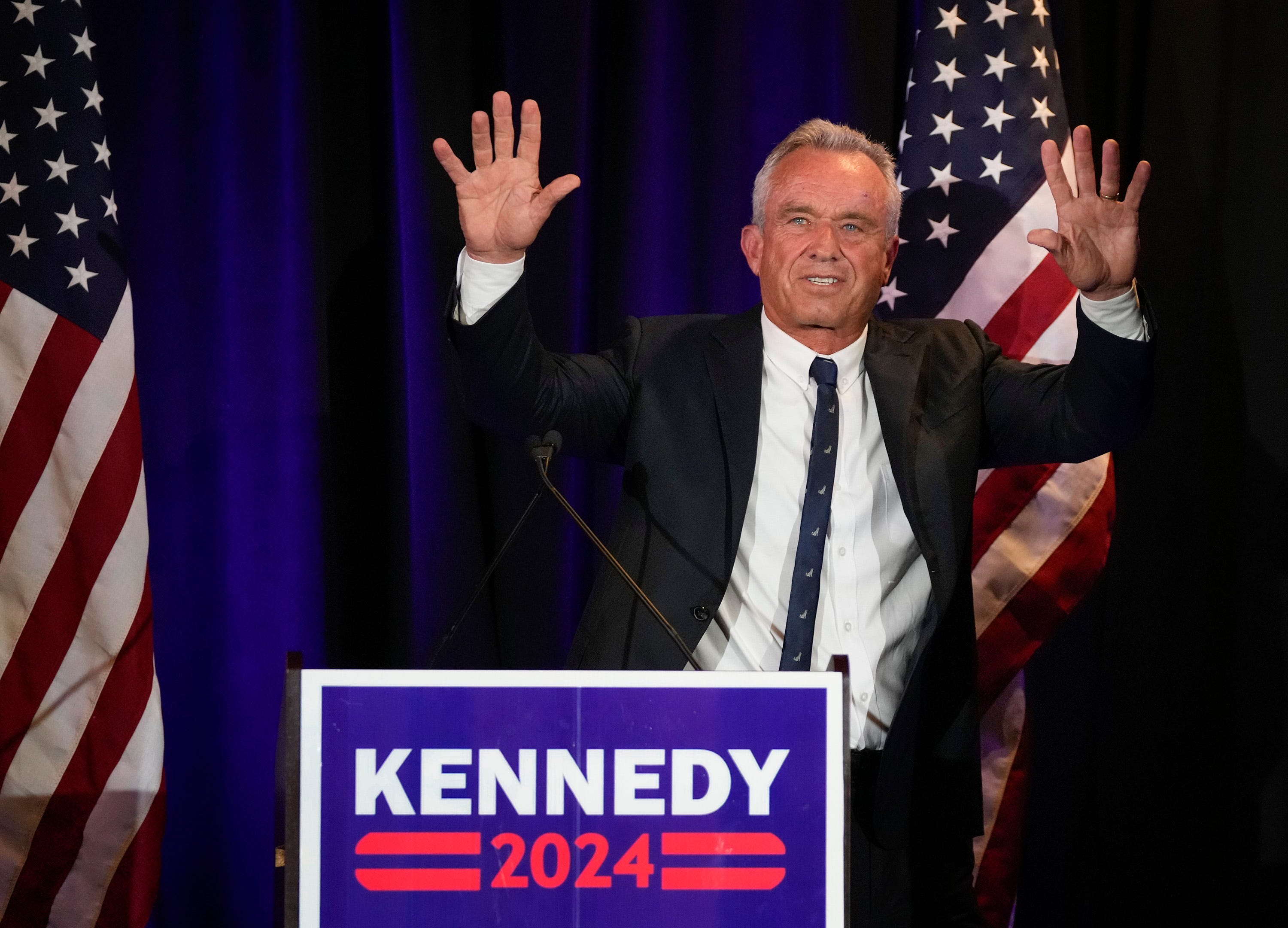 Independent presidential candidate Robert F. Kennedy Jr., waves to the crowd at a campaign rally at Brazos Hall Monday May 13, 2024.