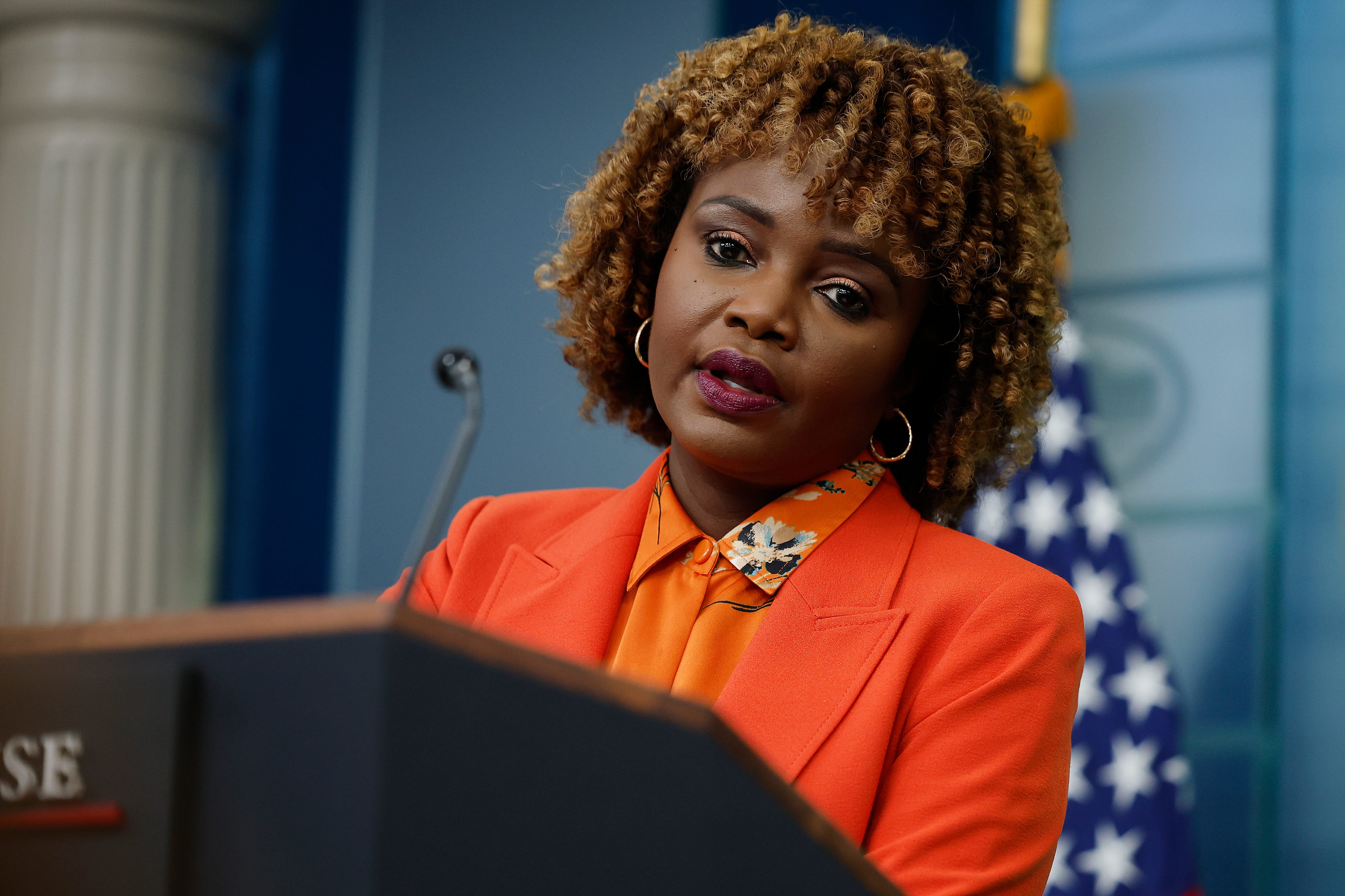 WASHINGTON, DC - SEPTEMBER 17: White House Press Secretary Karine Jean-Pierre speaks during the daily press conference at the White House on September 17, 2024 in Washington, DC. Jean-Pierre faced questions about Sunday's attempted assassination of Republican presidential candidate, former President Donald Trump, the coordinated explosion of pagers in Lebanon and Trump's continued reference to an untrue rumor about immigrants in Ohio. (Photo by Chip Somodevilla/Getty   Images)