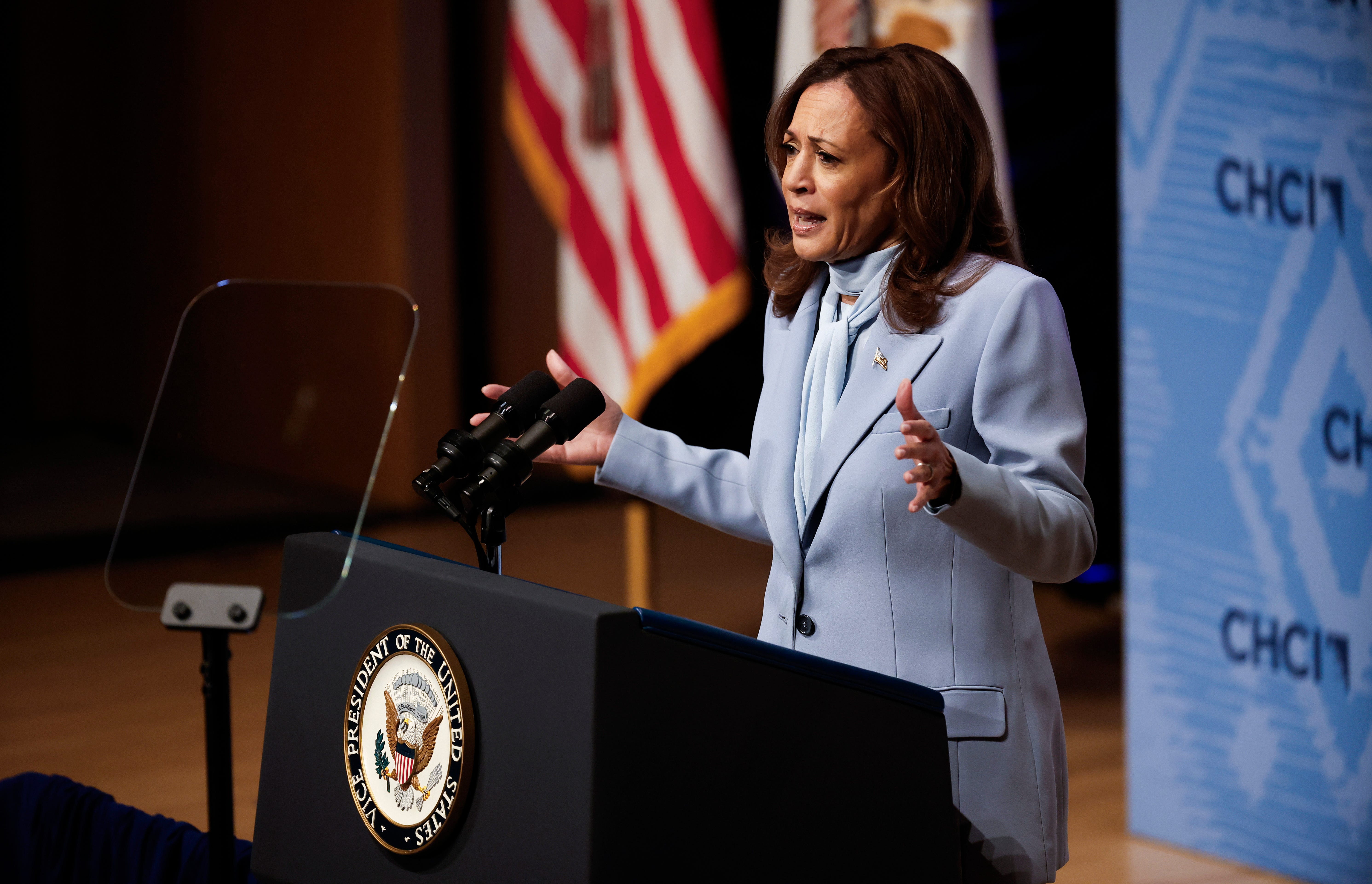 WASHINGTON, DC - SEPTEMBER 18: Democratic presidential nominee, U.S. Vice President Kamala Harris delivers remarks at the Congressional Hispanic Caucus Institute's 47th Annual Leadership Conference at the Ronald Reagan Building and International Trade Center on September 18, 2024 in Washington, DC. Harris spoke on immigration reform and border security while criticizing Republican presidential candidate former President Donald Trump's plan to carry out mass   deportation of immigrants. (Photo by Kevin Dietsch/Getty Images)