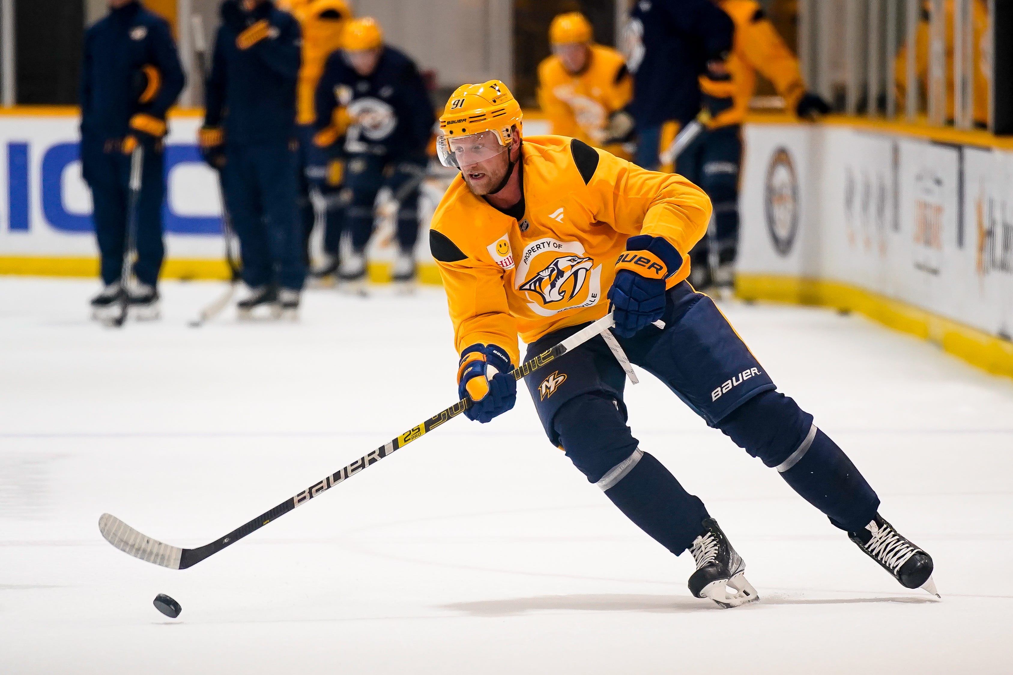 Nashville Predators forward Steven Stamkos (91) skates during training camp at Ford Ice Center Bellevue in Nashville, Tenn., Thursday, Sept. 19, 2024.