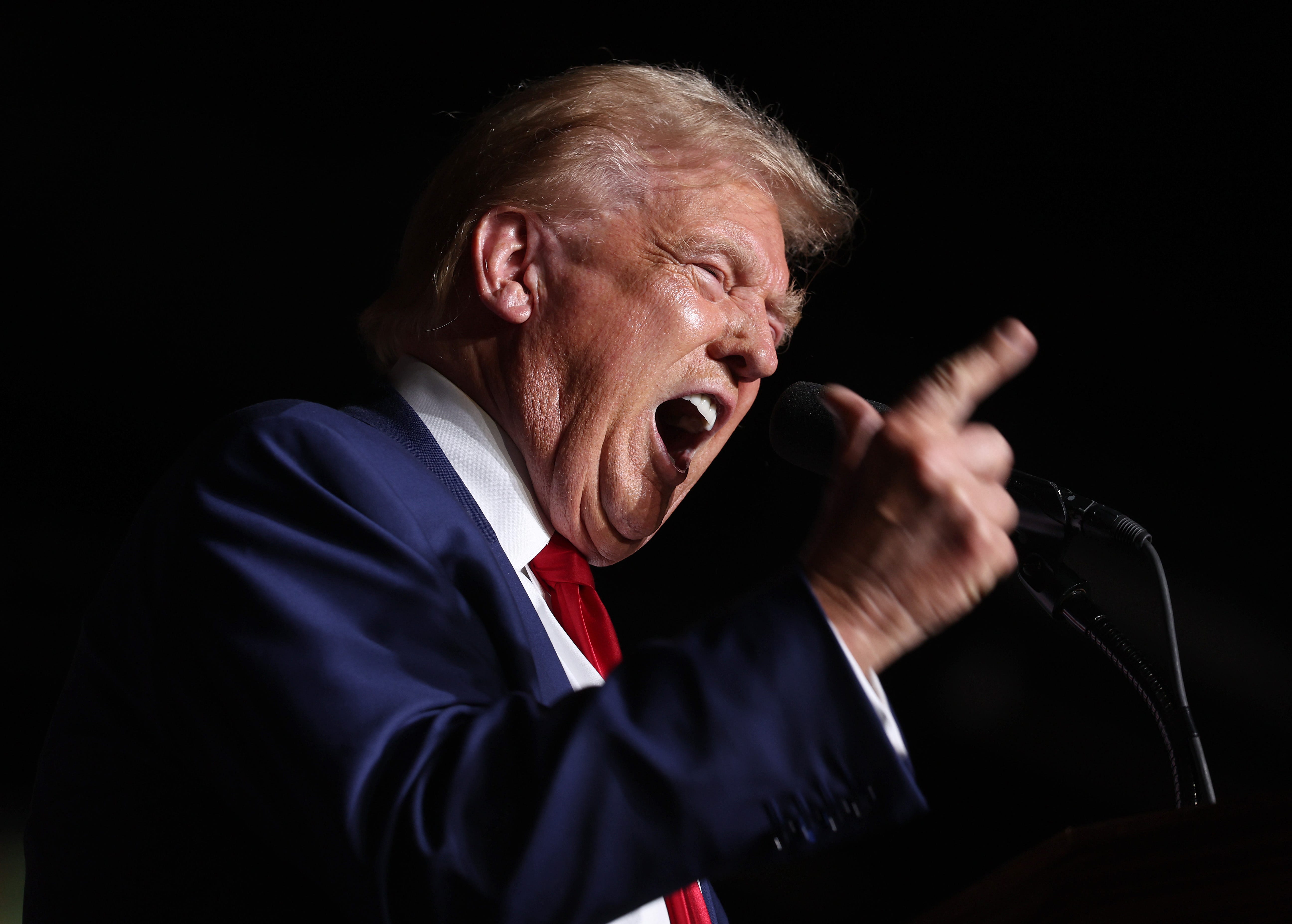 Republican presidential nominee, former U.S. President Donald Trump, speaks during a campaign rally at The Expo at World Market Center Las Vegas on September 13, 2024 in Las Vegas.