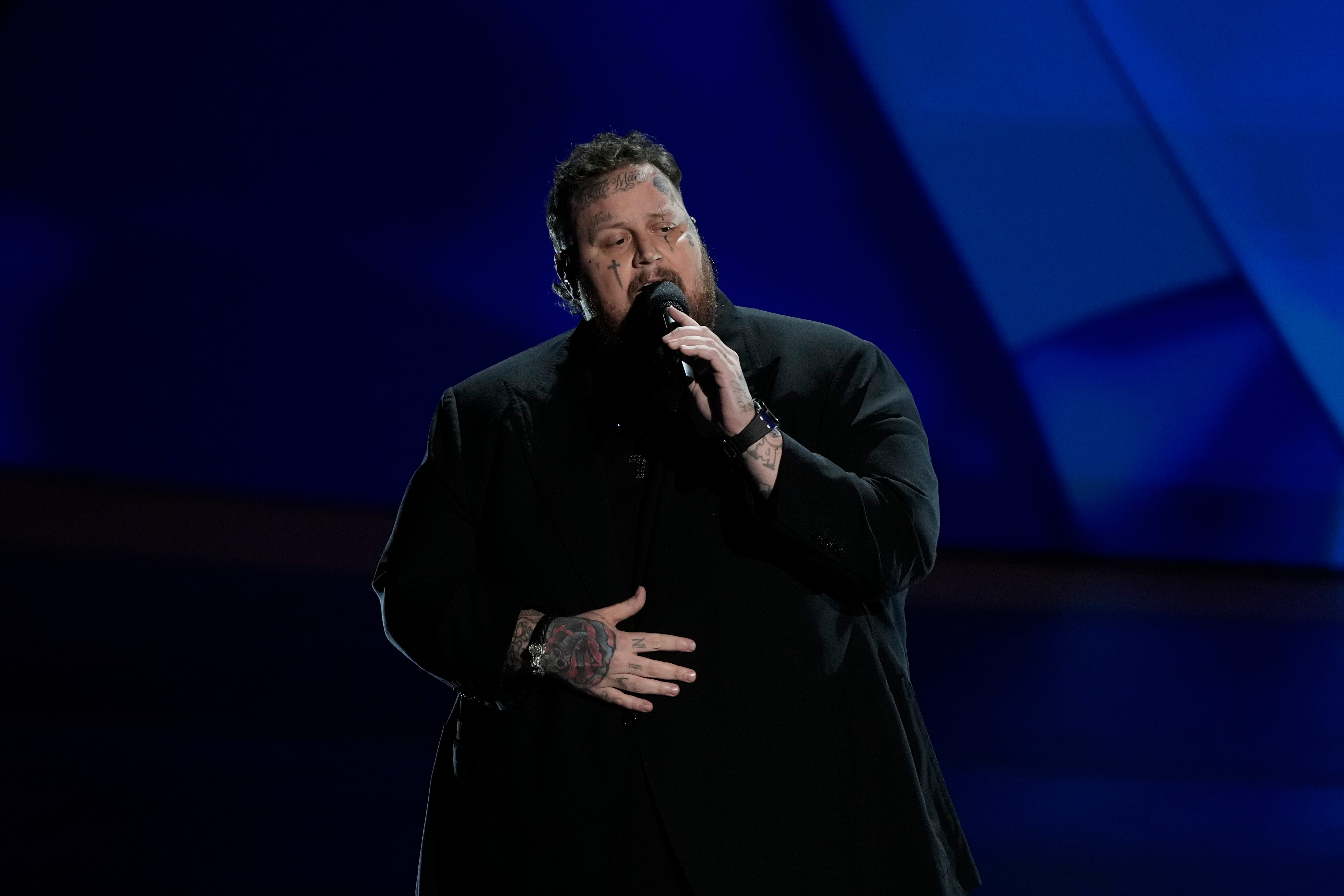 Jelly Roll sings during the In Memoriam segment at the 76th Emmy Awards at the Peacock Theater on Sunday, Sept. 15, 2024 in Los Angeles.