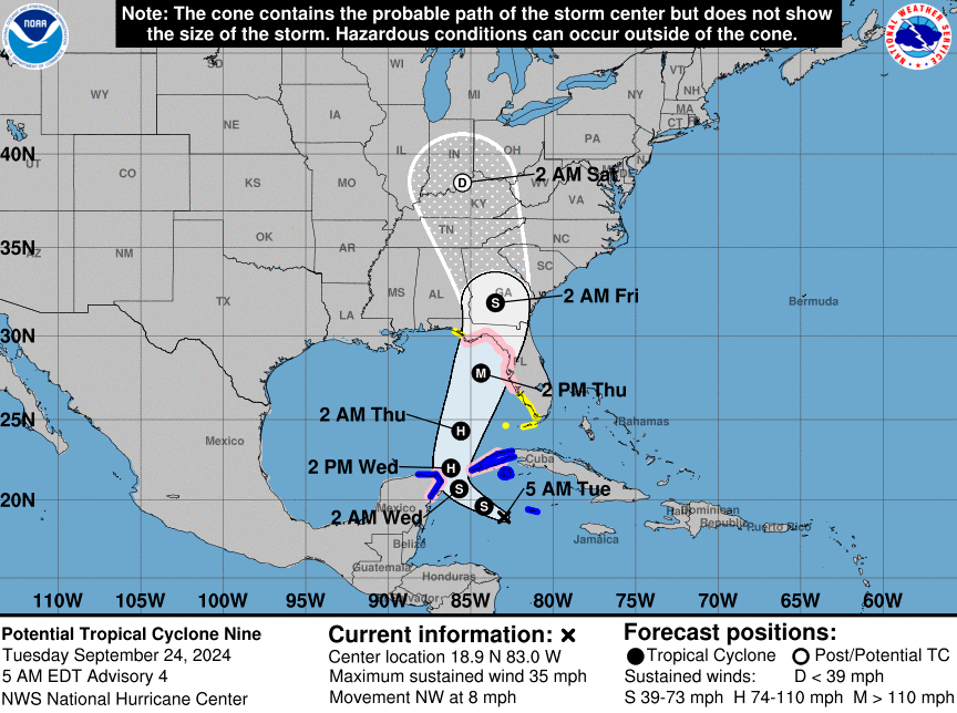 The National Hurricane Center's forecast cone for a storm system expected to strengthen into Tropical Storm Helene before becoming a hurricane and striking the Gulf Coast of Florida.