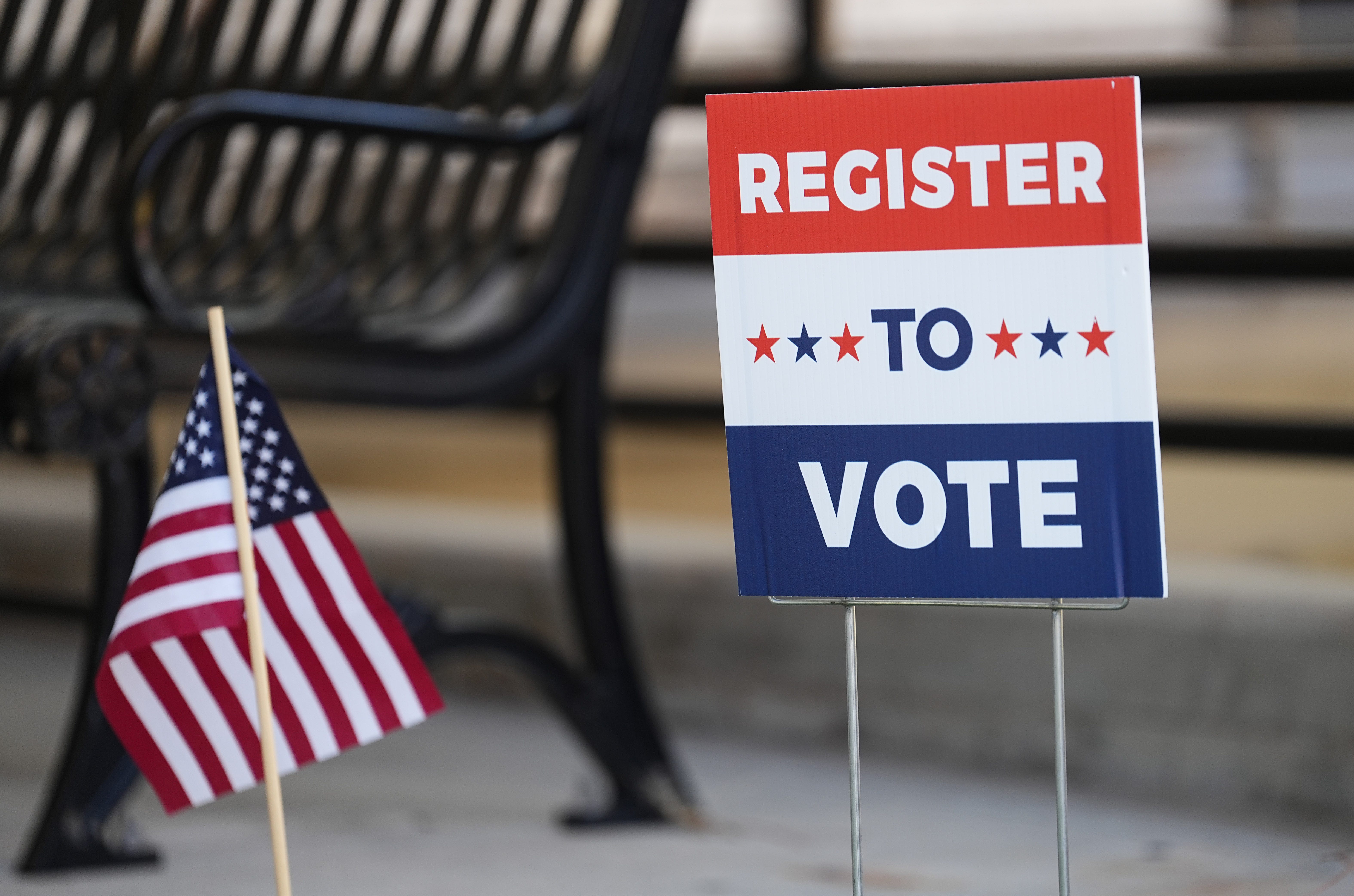 A sign is pictured during the Voter Registration Day and Constitution Day at OSU-OKC in Oklahoma City, Tuesday, Sept., 17, 2024.