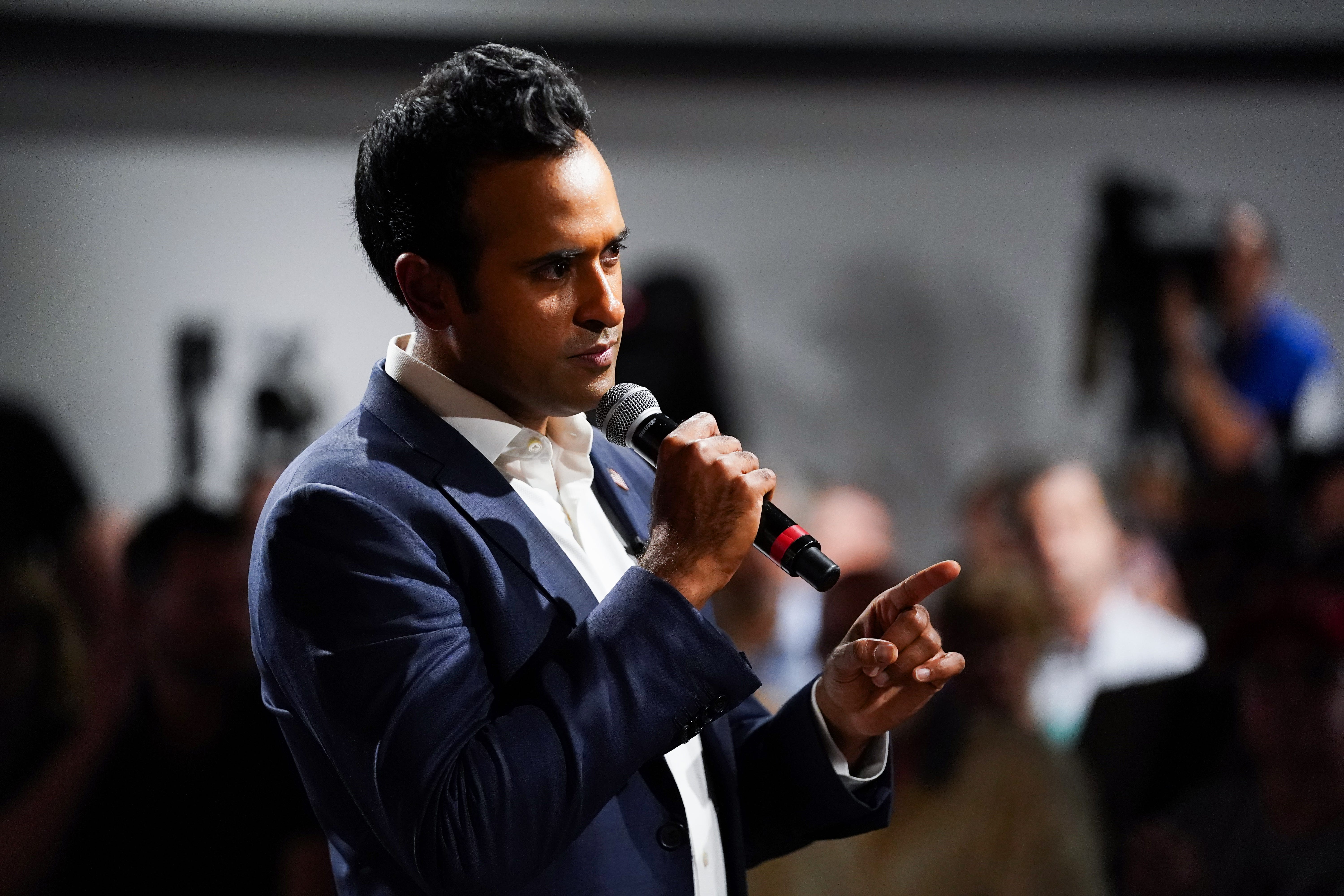 Former republican presidential candidate Vivek Ramaswamy speaks during a town hall, Thursday, Sept. 19, 2024, at Bushnell Events Center in Springfield. Ramaswamy held a town hall to discuss the nationâ€™s immigration debate and other political topics.