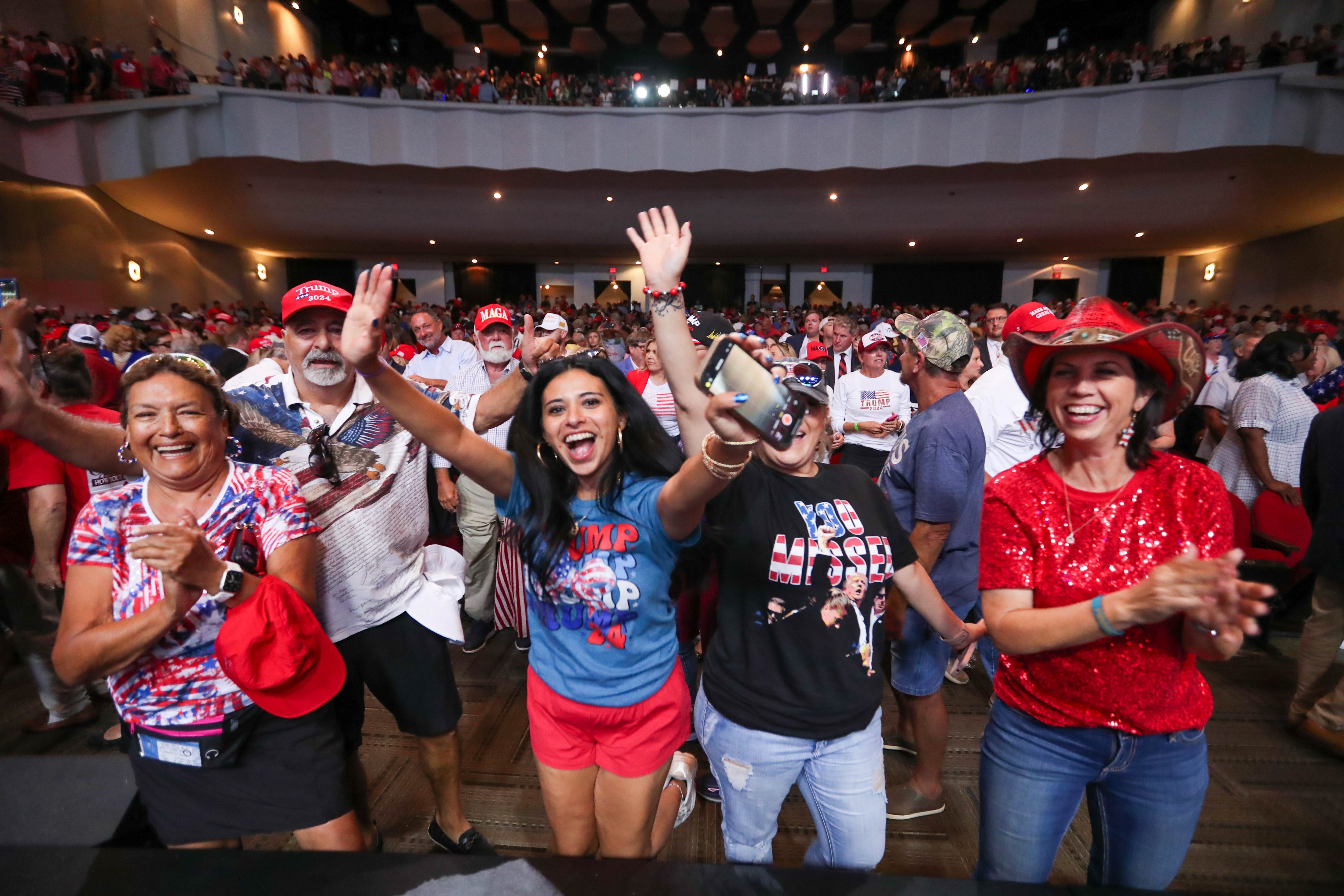 Tuesday, September 24, 2024; Savannah, Georgia; Supporters dance in the aisle following former President Donald Trump's remarks during his first campaign event in Savannah, Georgia, on Tuesday September 24, 2024.