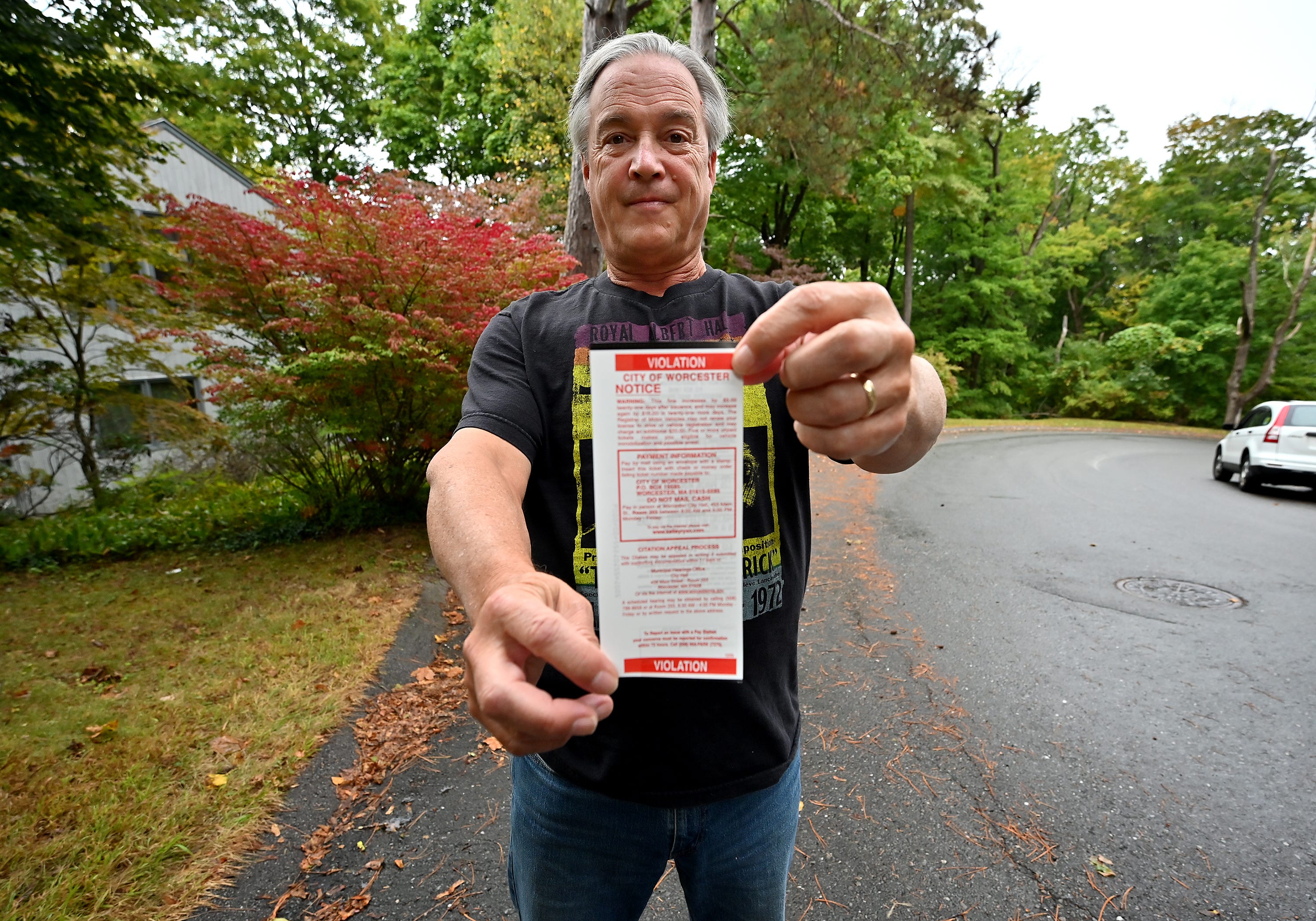 Joe Mathews, a Worcester resident who was issued a ticket for parking the wrong direction in a street where his house is the only one on the street.