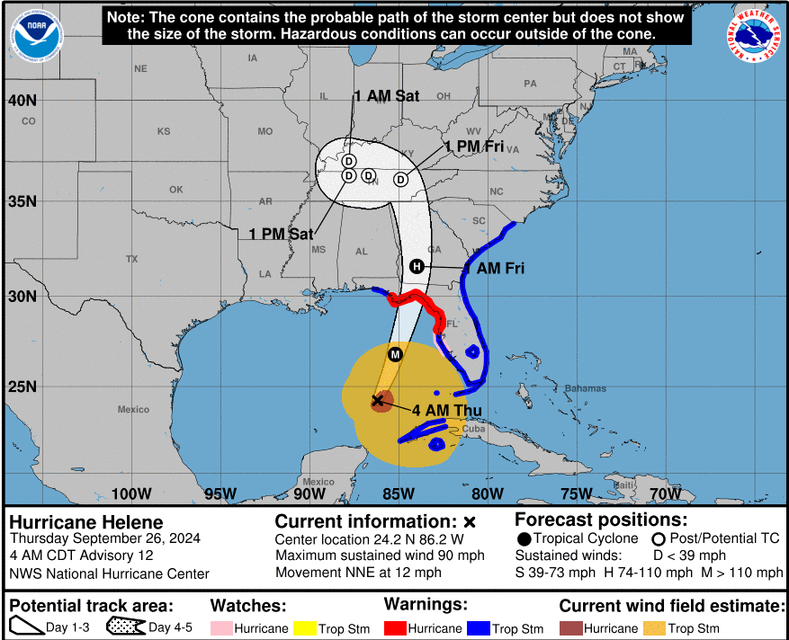 Hurricane Helene's latest forecasted path, as of Thursday morning, Sept. 26, 2024.