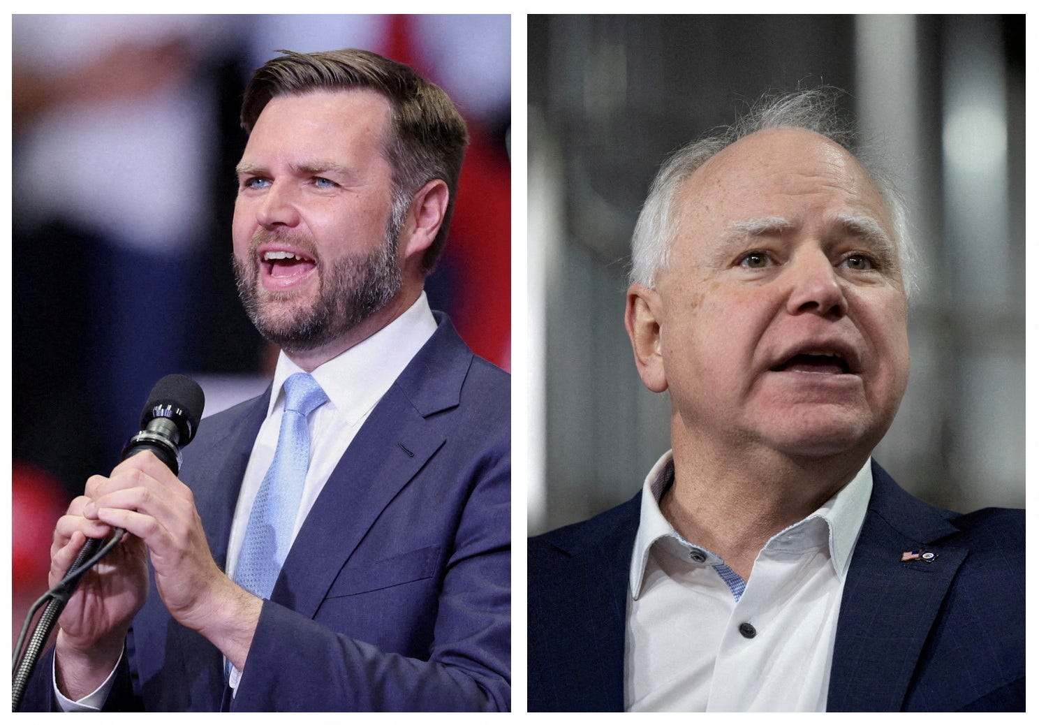 FILE PHOTO: A combination picture shows Republican vice presidential nominee U.S. Senator J.D. Vance (R-OH) speaking during his first rally as Republican presidential nominee and former U.S. President Donald Trump's running mate, in Grand Rapids, Michigan, U.S. July 20, 2024, and Minnesota Governor Tim Walz speaking inside the Earth Rider Brewery in Superior, Wisconsin, U.S., January 25, 2024.