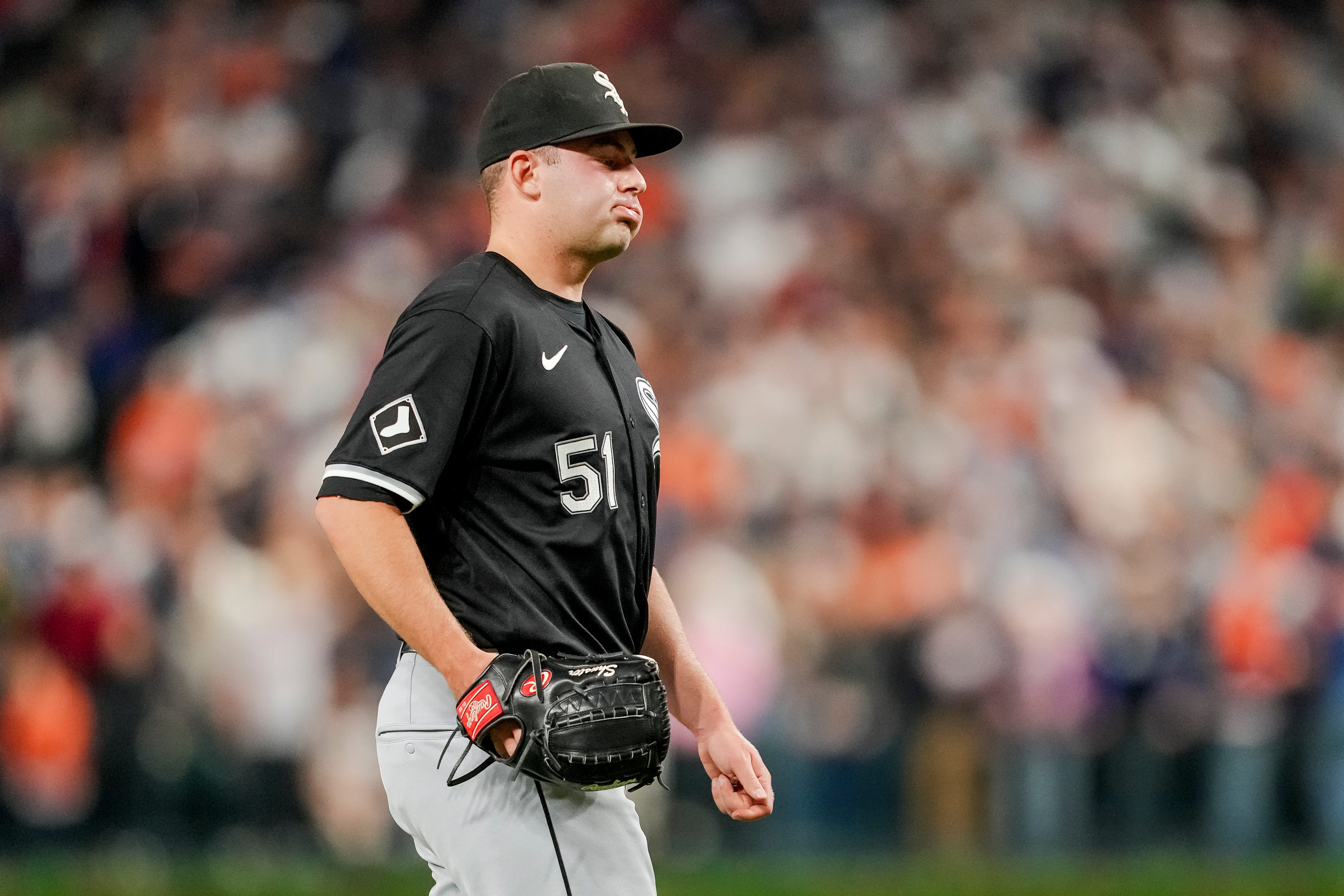 White Sox reliever Jared Shuster reacts during the game against the Tigers.