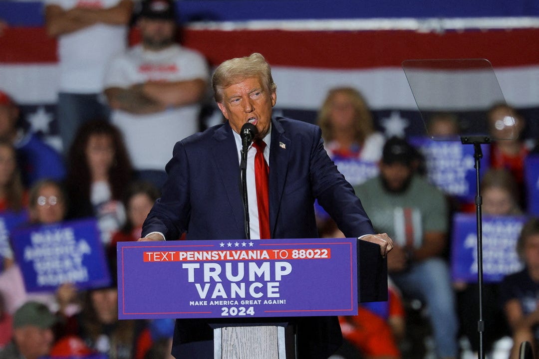 Republican presidential nominee former U.S. President Donald Trump speaks during a campaign rally in Erie, Pennsylvania, U.S., September 29, 2024. REUTERS/Brian Snyder