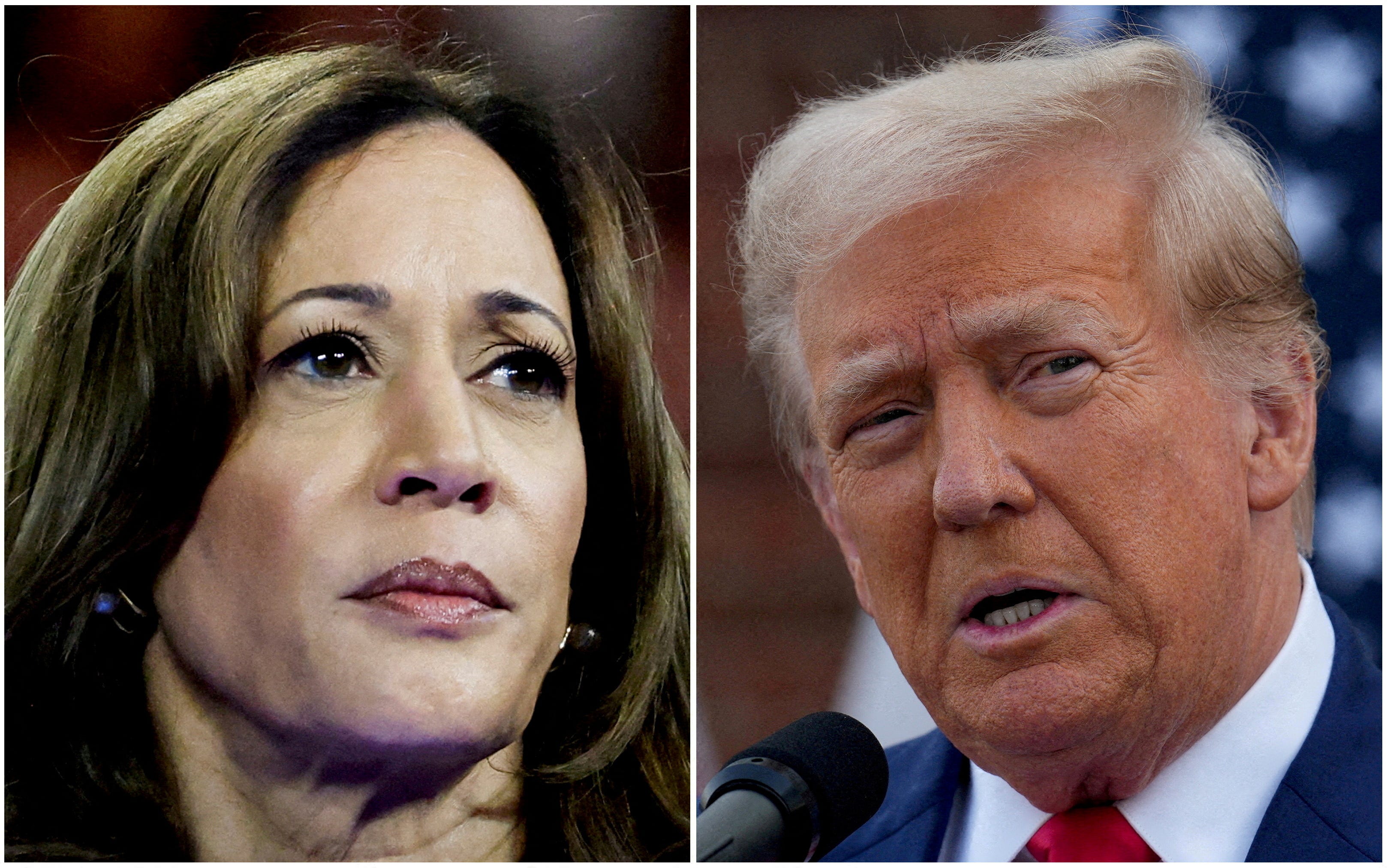 FILE PHOTO: U.S. Vice President Kamala Harris in Milwaukee, Wisconsin, U.S. August 20, 2024 and former U.S. President Donald Trump in Bedminster, New Jersey, U.S., August 15, 2024 are seen in a combination of file photographs. REUTERS/Marco Bello, Jeenah Moon/File Photo