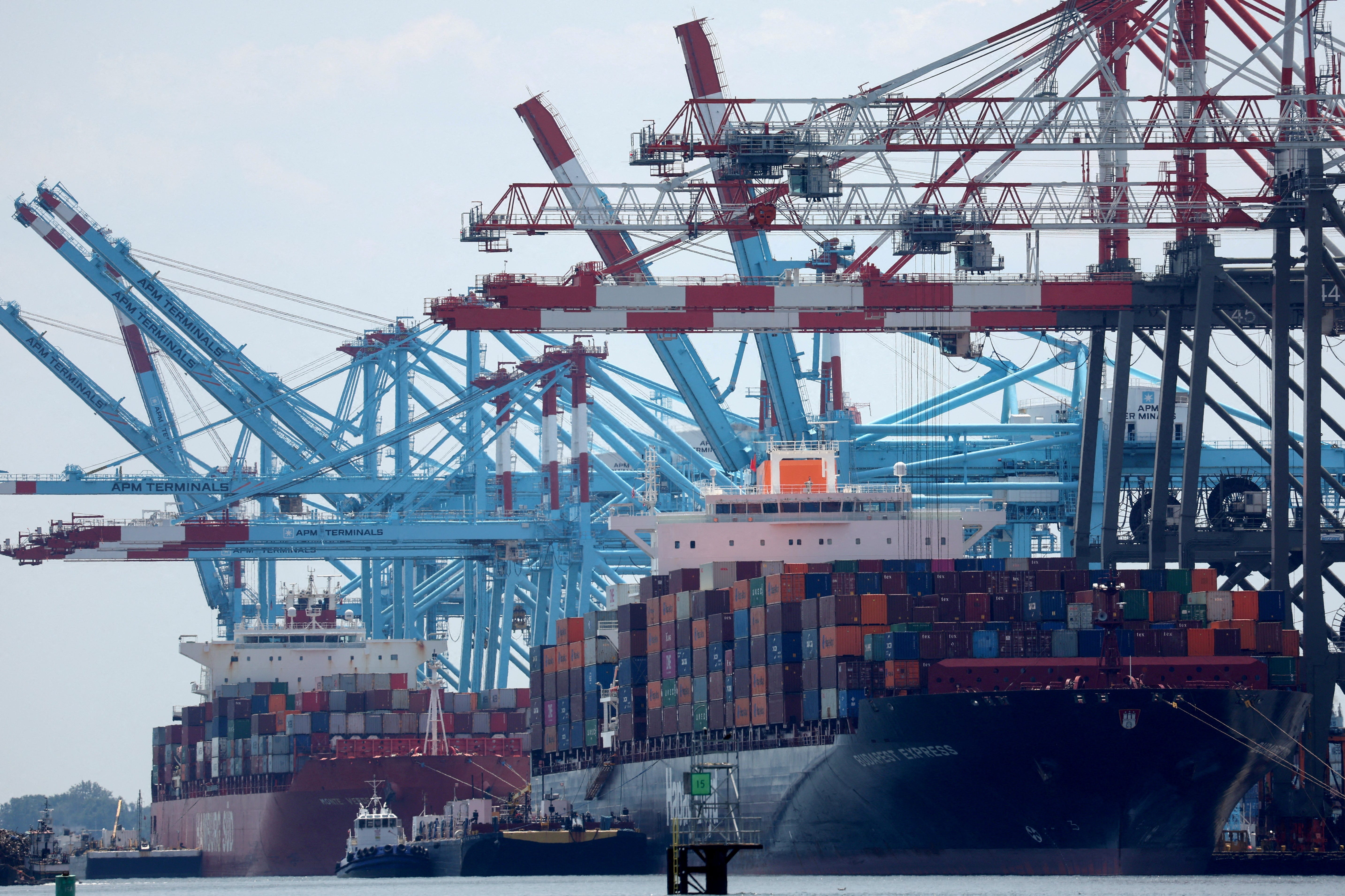 Docked cargo ships are loaded with shipping containers at Port Elizabeth, N.J, July 12, 2023.