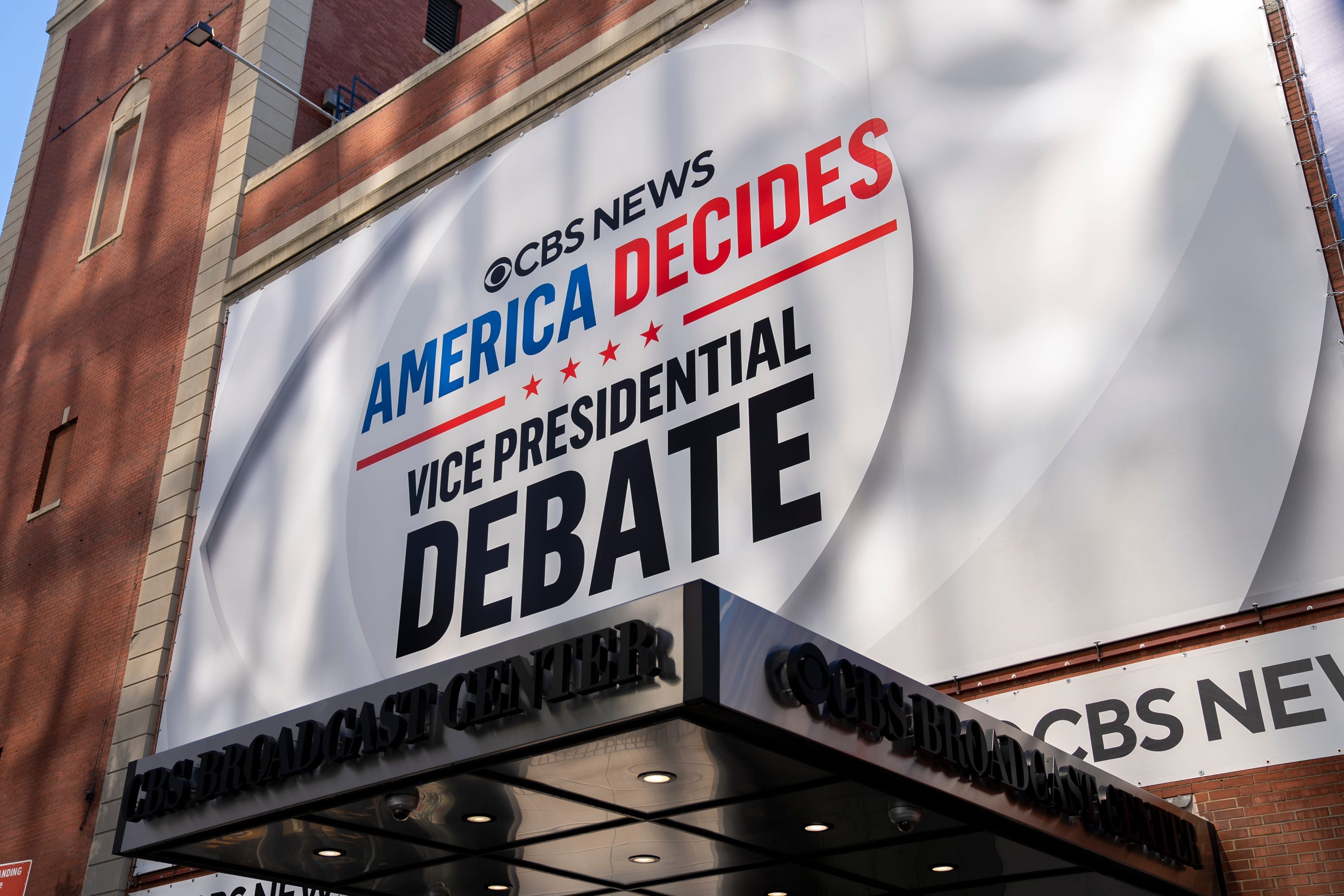 The CBS Broadcast Studios are decorated on Sept. 30, 2024, the day before the CBS News vice presidential debate between Republican J.D. Vance and Democrat Tim Walz.