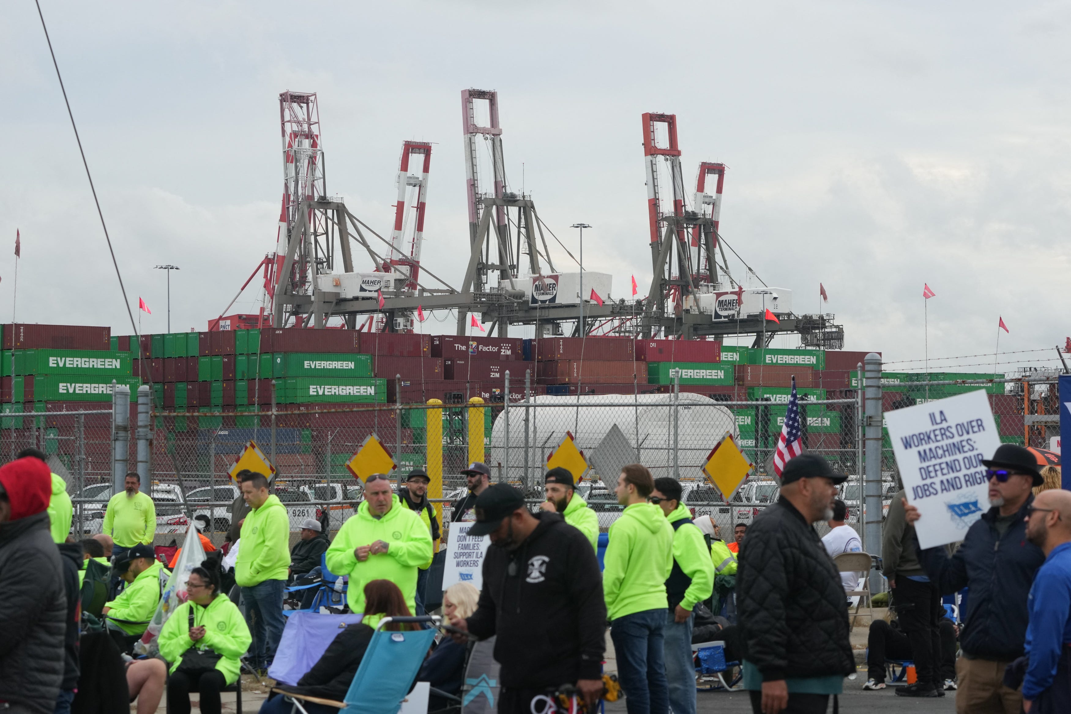 Dockworkers at the Maher Terminals in Port Newark are on strike on Oct. 1, 2024 in New Jersey.