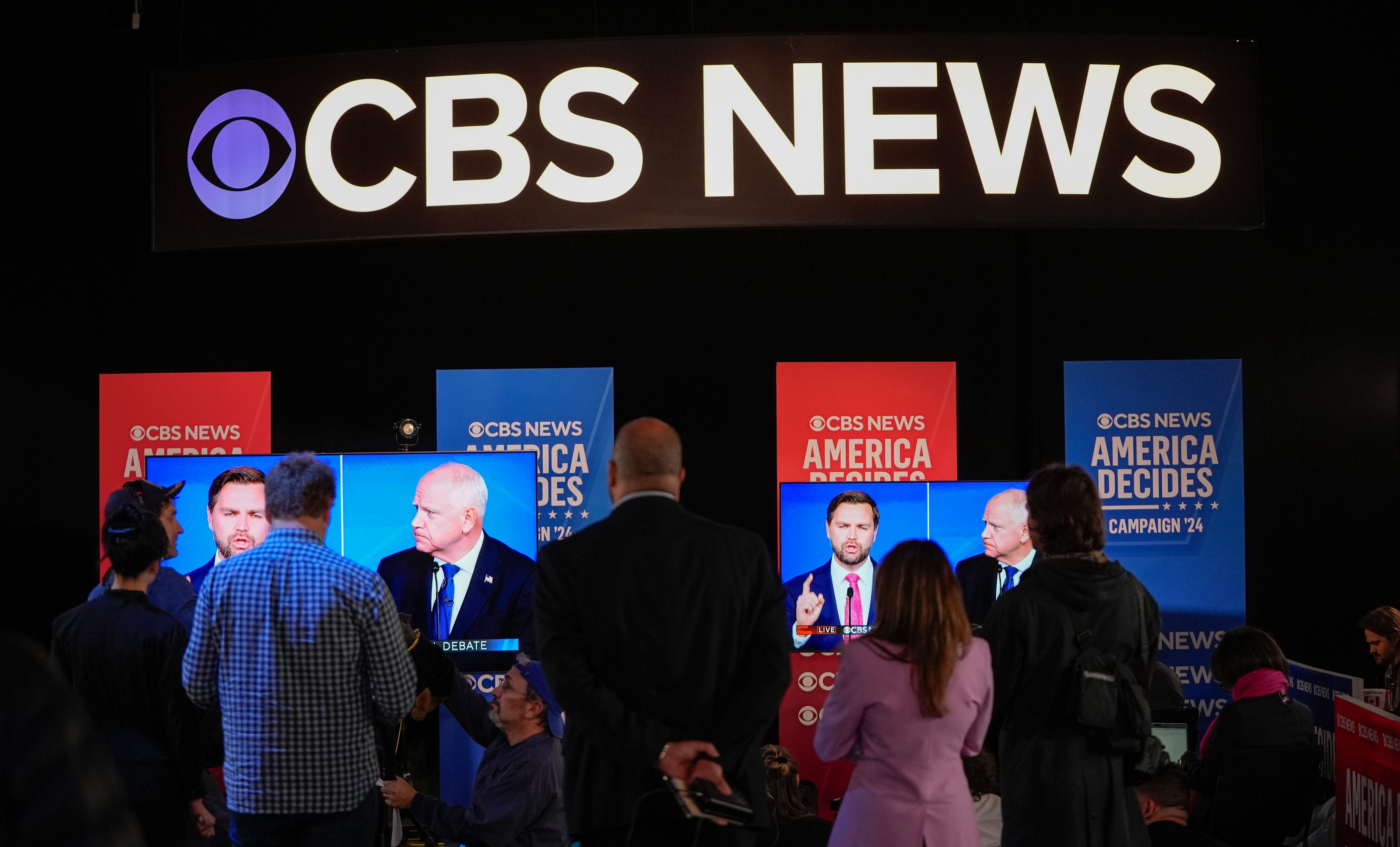 View from the Spin Room as Republican JD Vance and Democrat Tim Walz square off during the CBS News vice presidential debate moderated by CBS Evening News anchor and managing editor Norah O'Donnell and Face the Nation moderator and chief foreign affairs correspondent Margaret Brennan.