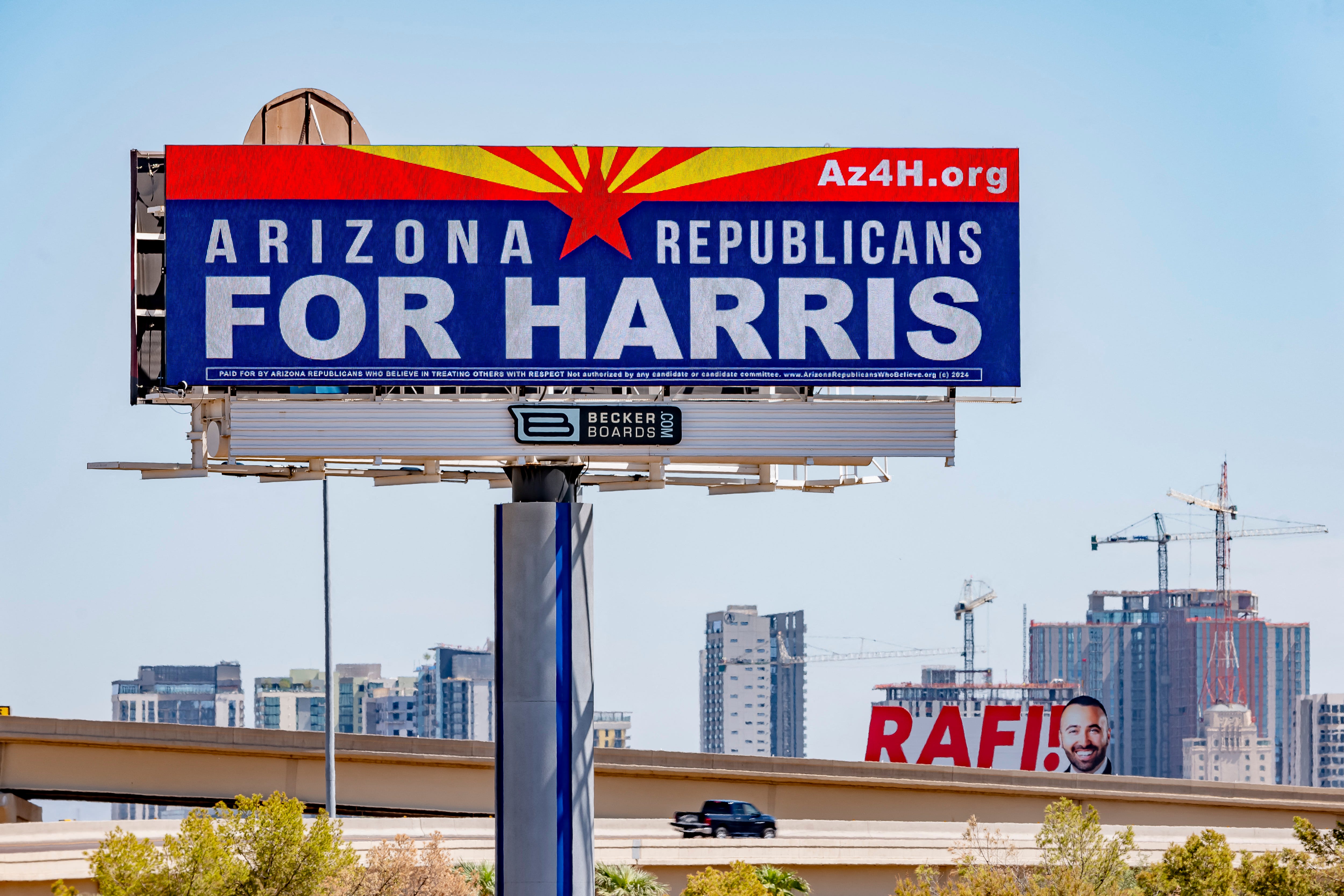 A billboard reads "Arizona Republicans for Harris" in Phoenix on Sept. 19, 2024.
