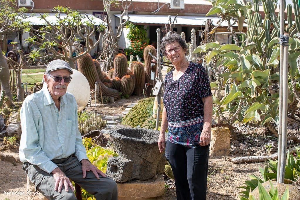 Oded and Yocheved Lifshitz in their cactus garden in Kibbutz Nir Oz.