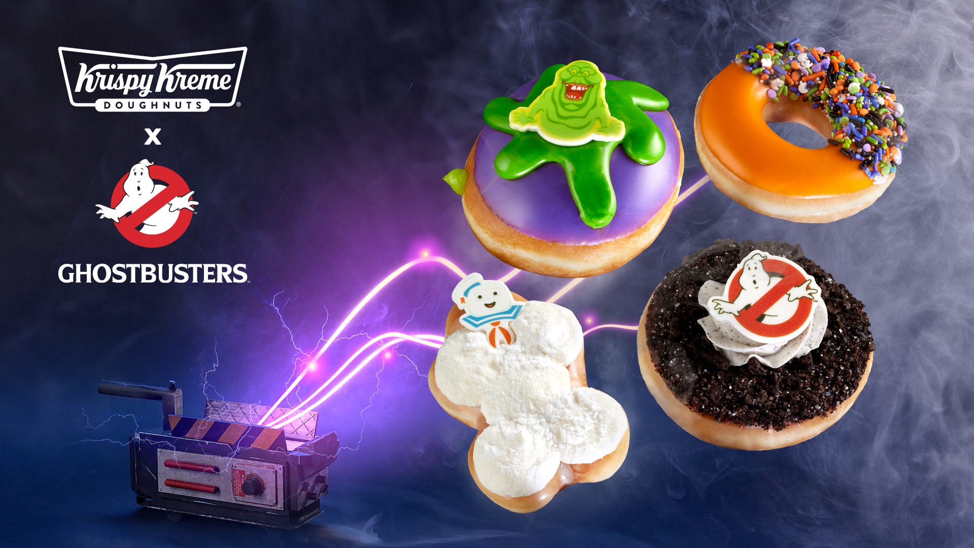 EMBARGOED UNTIL 12:01 A.M. MONDAY, OCT.7: Krispy Kreme's Ghostbusters doughnuts come in a limited-edition custom specialty box resembling the traps the Ghostbusters used to capture ghosts.