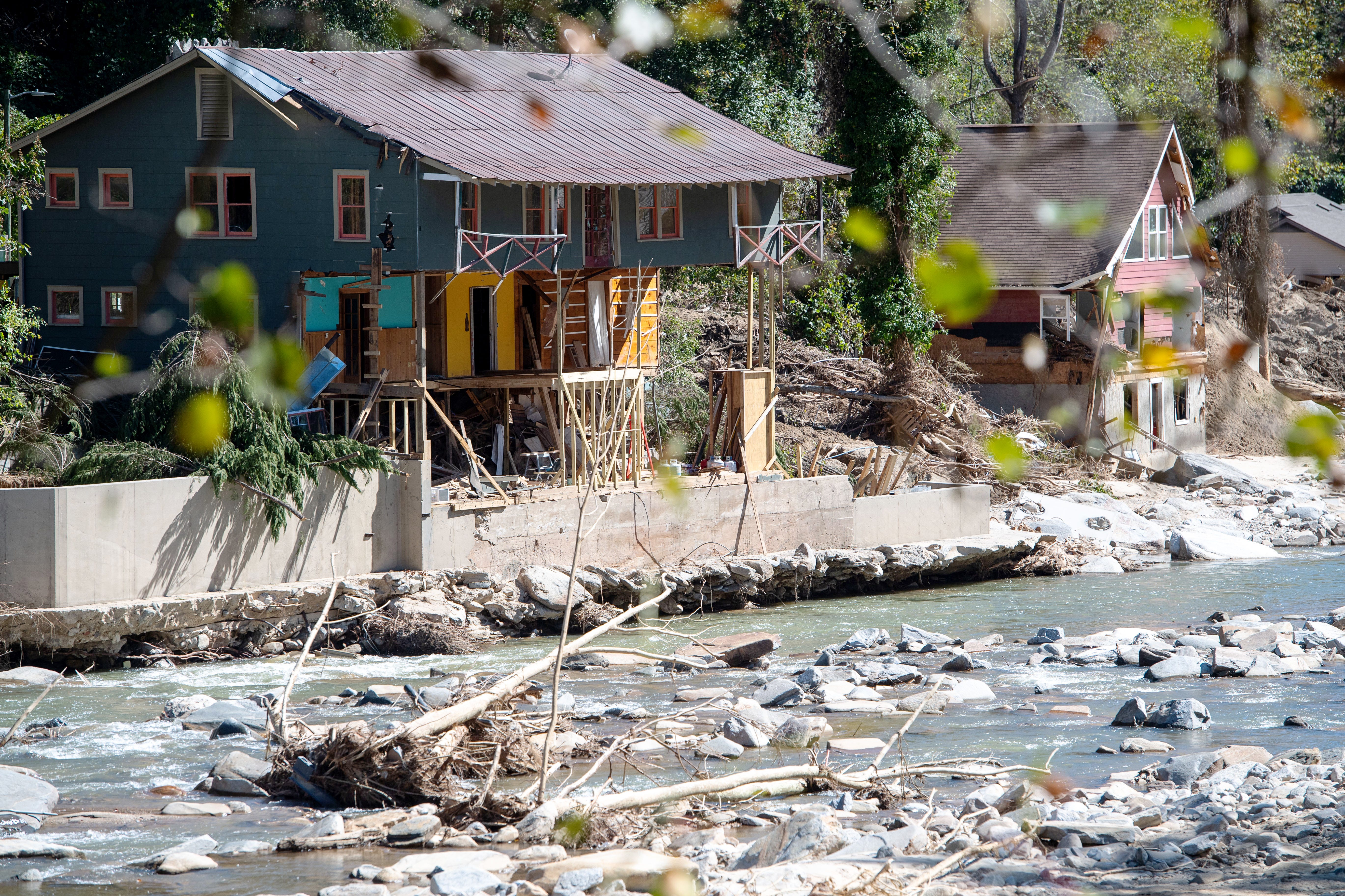 Homes along the Rocky Broad River in Bat Cave, October 10, 2024, which were heavily damaged by floodwaters from Tropical Storm Helene.