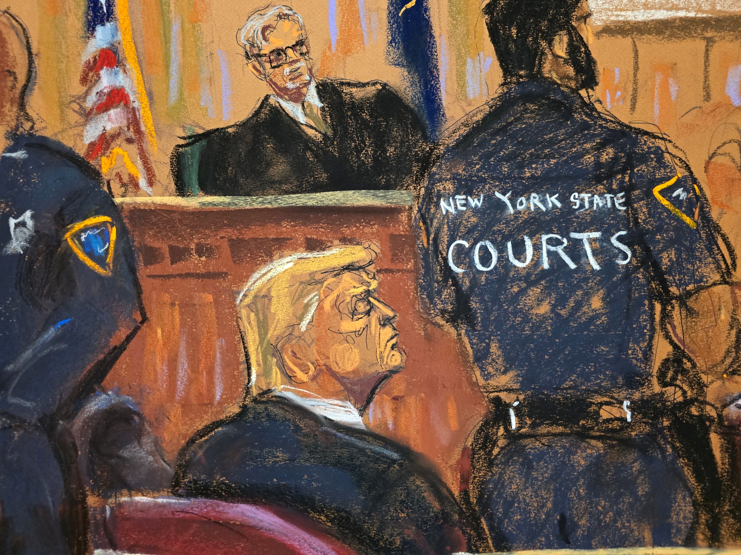 Republican presidential candidate and former U.S. President Donald Trump reacts as the verdict is read in his criminal trial over charges that he falsified business records to conceal money paid to silence porn star Stormy Daniels in 2016, at Manhattan state court in New York City, U.S. May 30, 2024 in this courtroom sketch. REUTERS/Jane Rosenberg