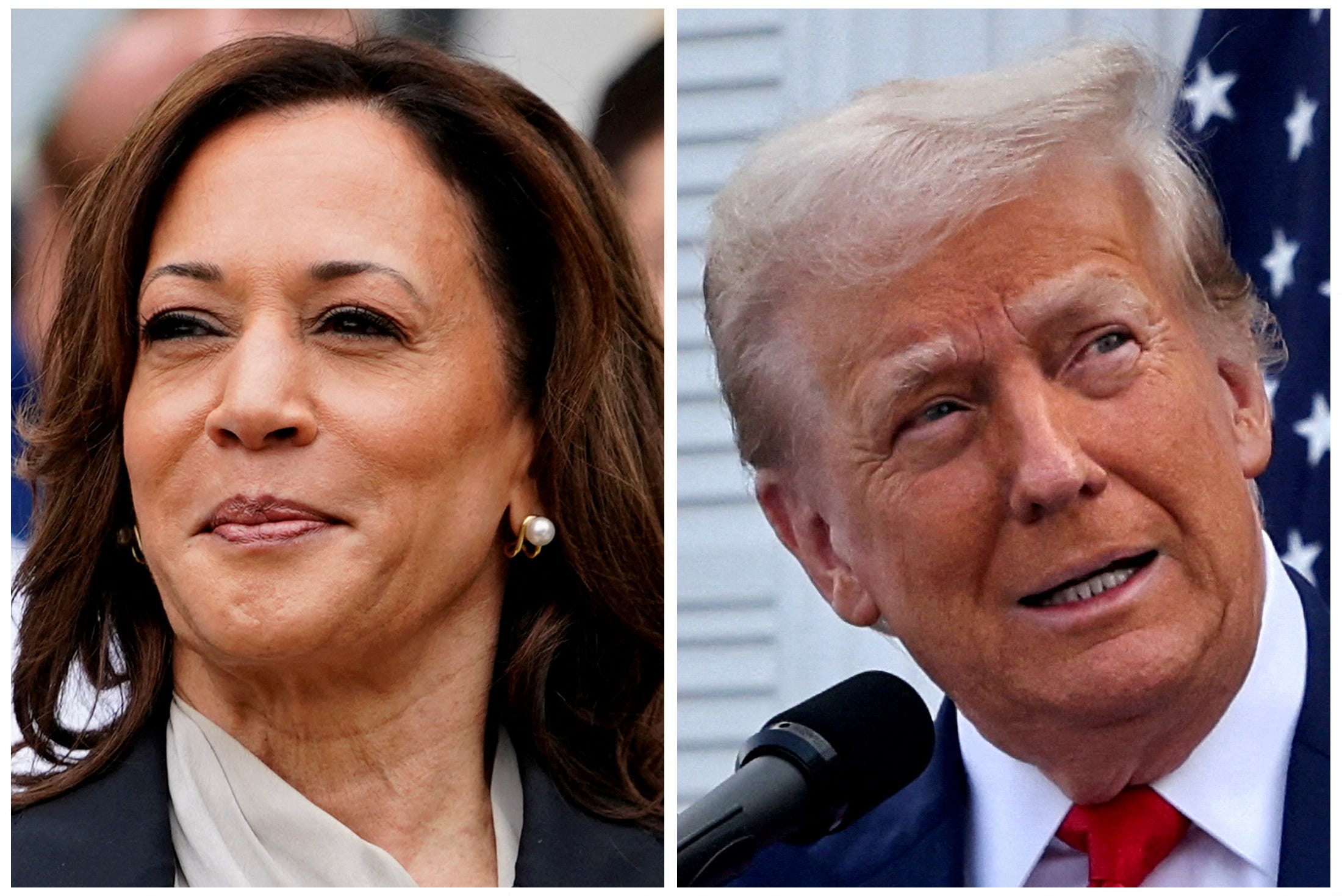 FILE PHOTO: U.S. Vice President Kamala Harris at the White House, Washington, U.S., July 22, 2024 and former U.S. President Donald Trump in Bedminster, New Jersey, U.S., August 15, 2024 in a combination of file photographs. REUTERS/Nathan Howard, Jeenah Moon/File Photo