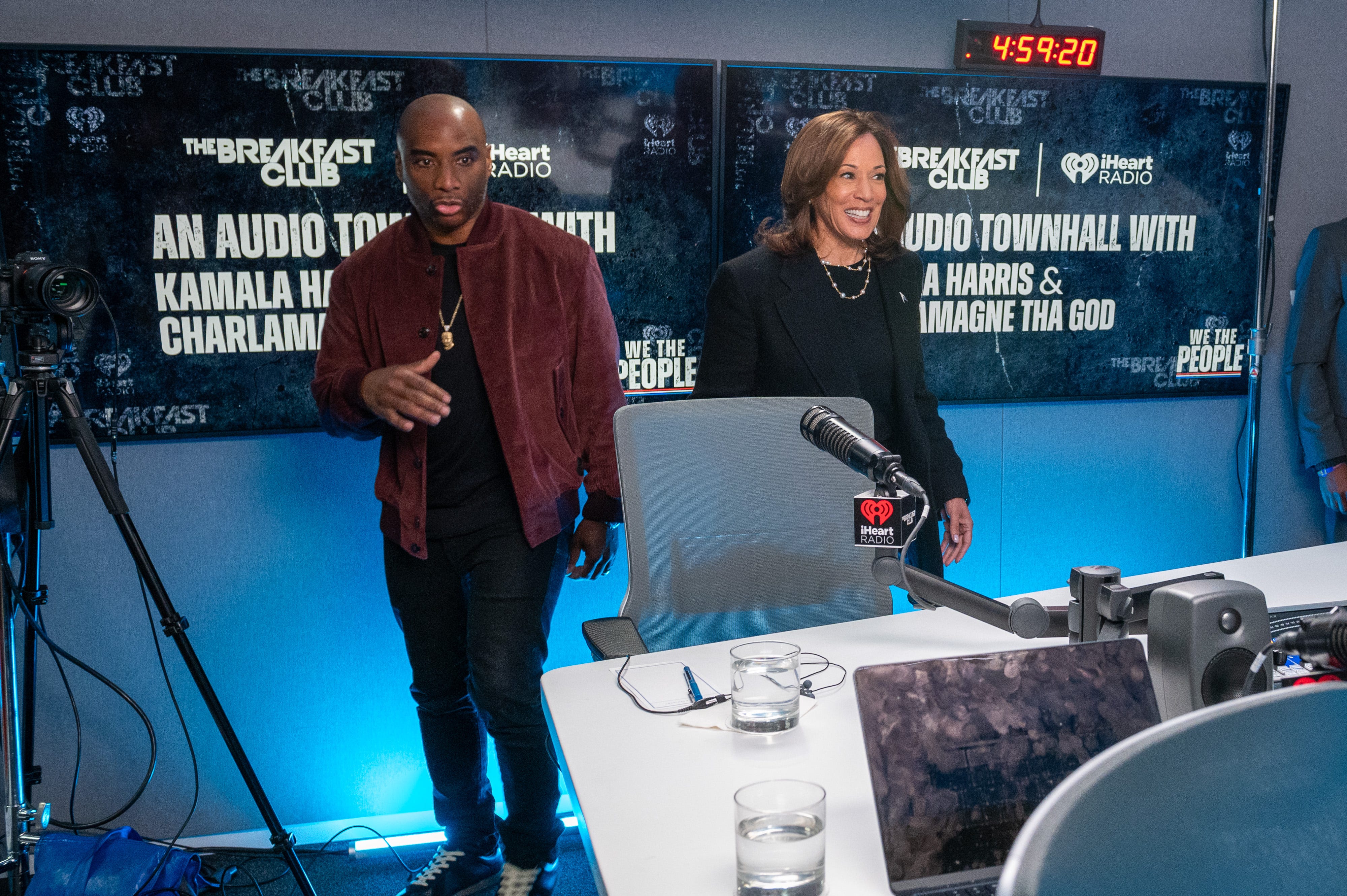 Democratic presidential nominee Kamala Harris arrives for an interview on Oct. 15, 2024, in Detroit with radio host Charlamagne tha God.