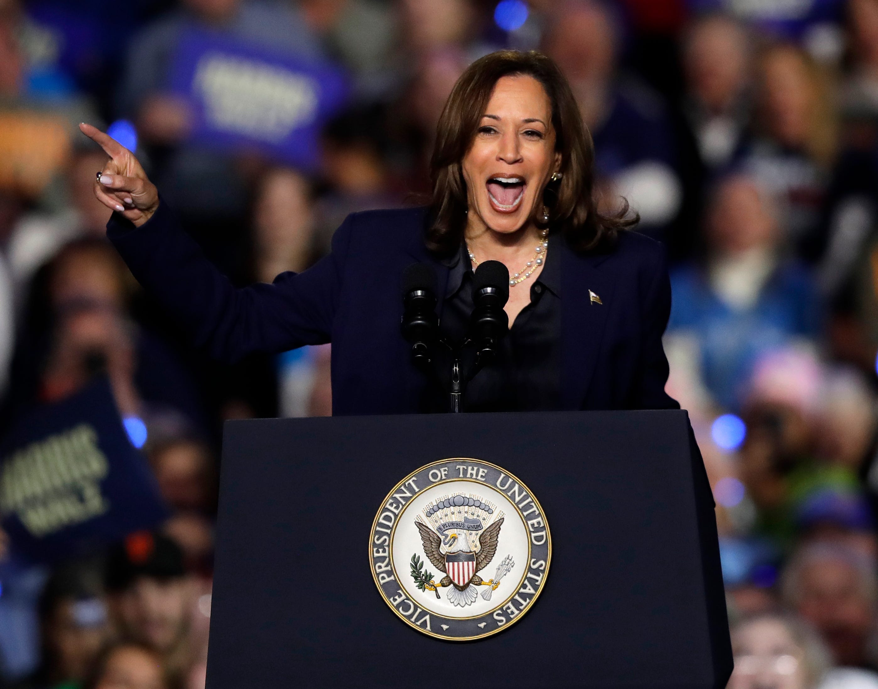 Vice President Kamala Harris speaks during a campaign rally on Oct. 17, 2024, at the Resch Expo in Ashwaubenon, Wis.