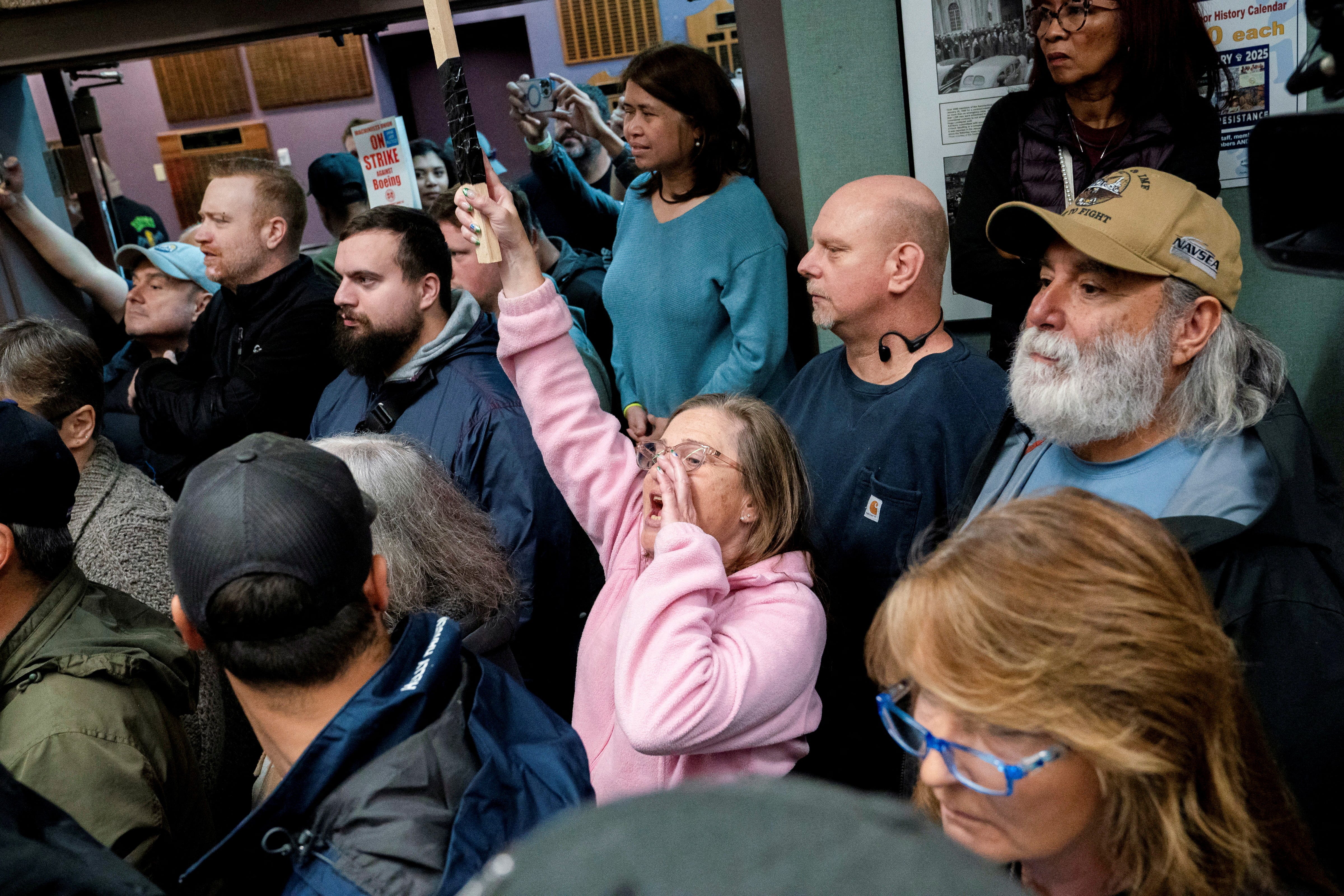 Boeing workers from the International Association of Machinists and Aerospace Workers District 751 attend a rally at their union hall during an ongoing strike in Seattle, Washington, on October 15, 2024.