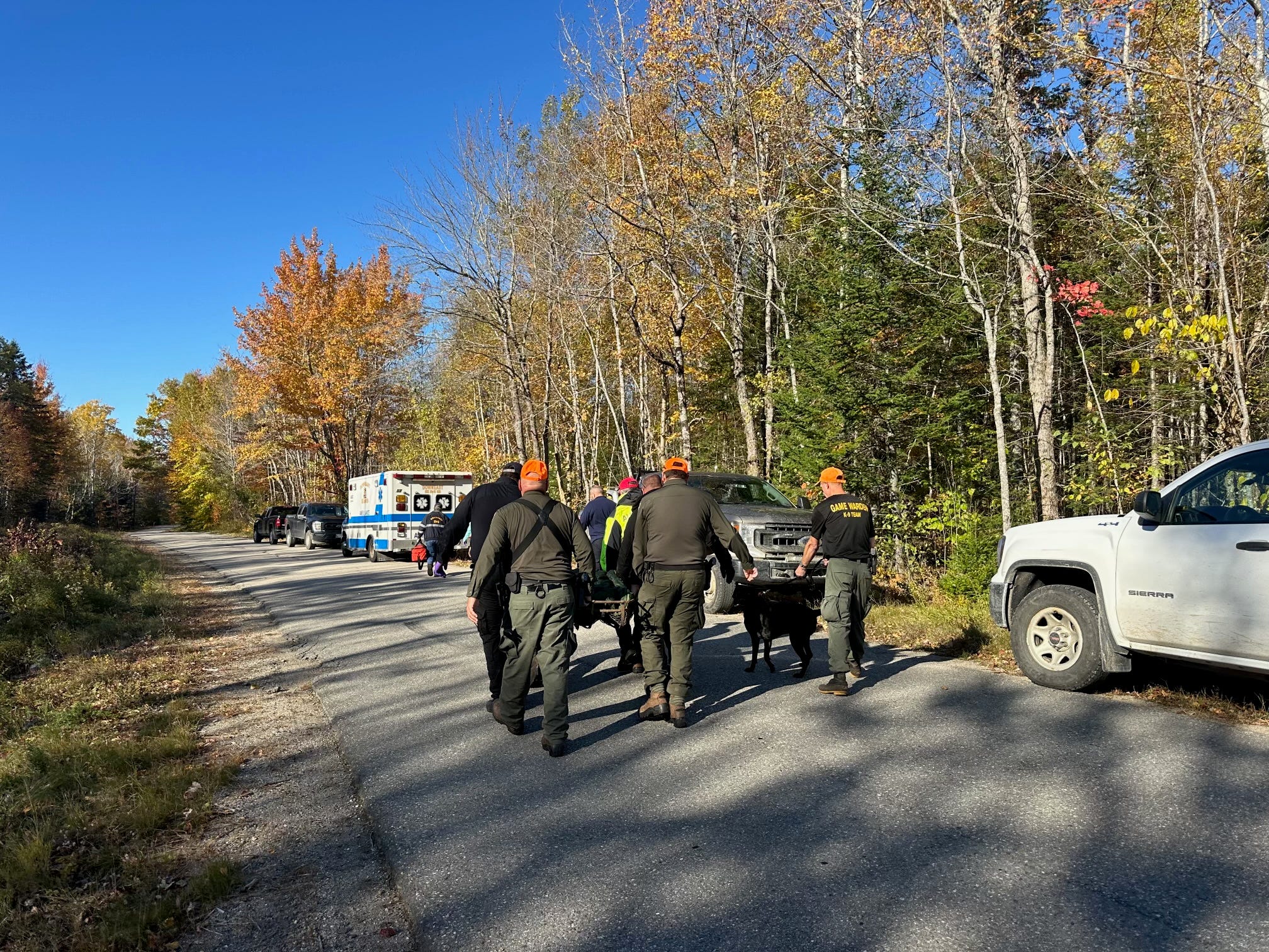 A woman being rescued from a Maine trail around 2:30 p.m. on Thursday, Oct. 17, 2024.
