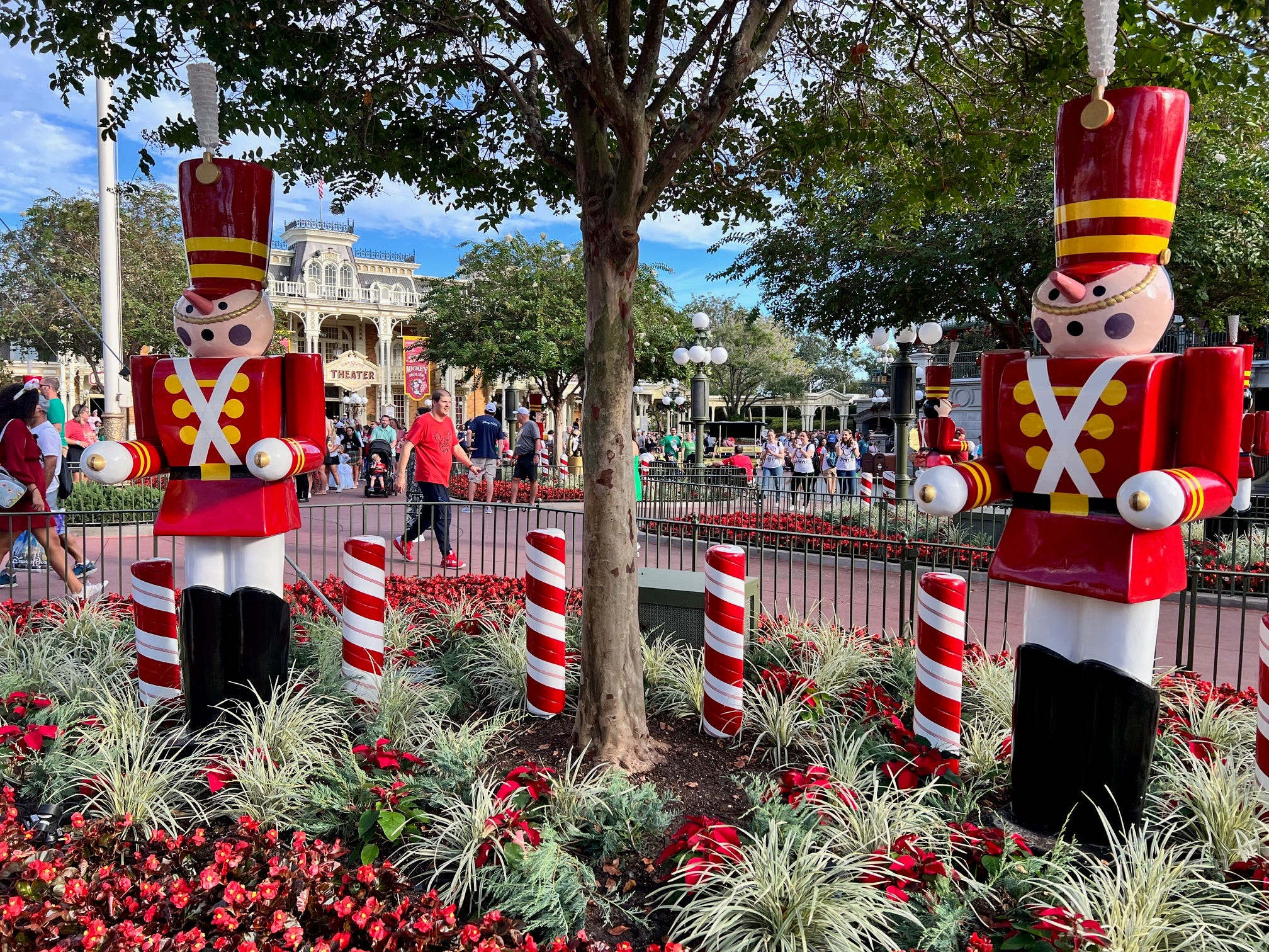 Toy soldiers adorn Main Street U.S.A. at Disney World's Magic Kingdom during the 2023 holiday season.