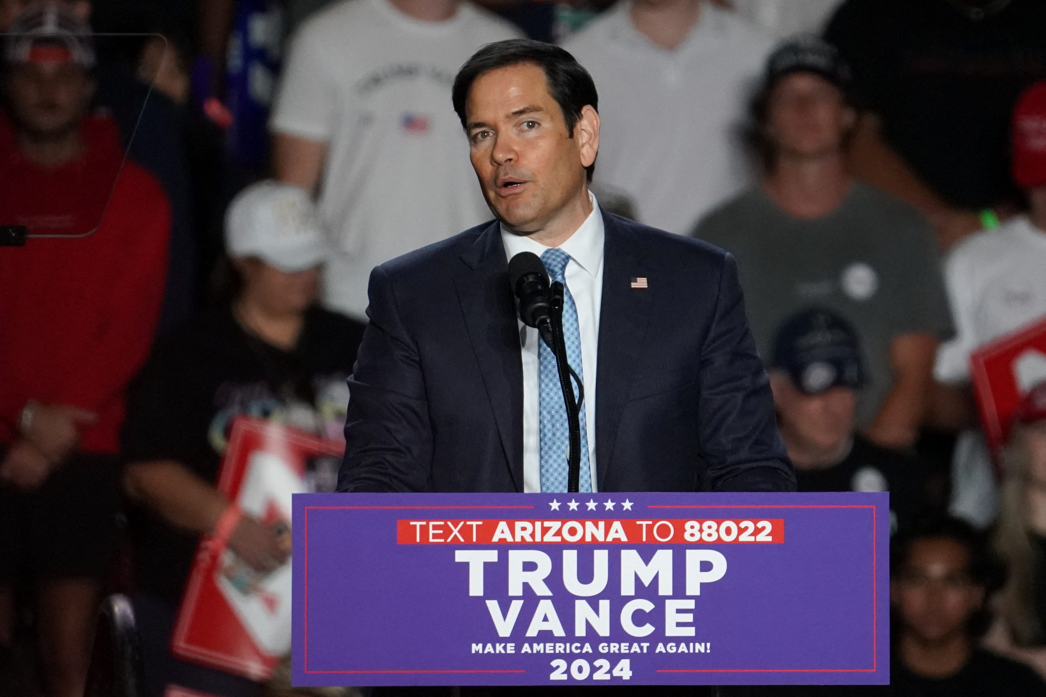 U.S. Senator Marco Rubio (R-FL) speaks during the rally of Republican presidential nominee and former U.S. President Donald Trump, at Mullett Arena in Tempe, Ariz., on Oct. 24, 2024.