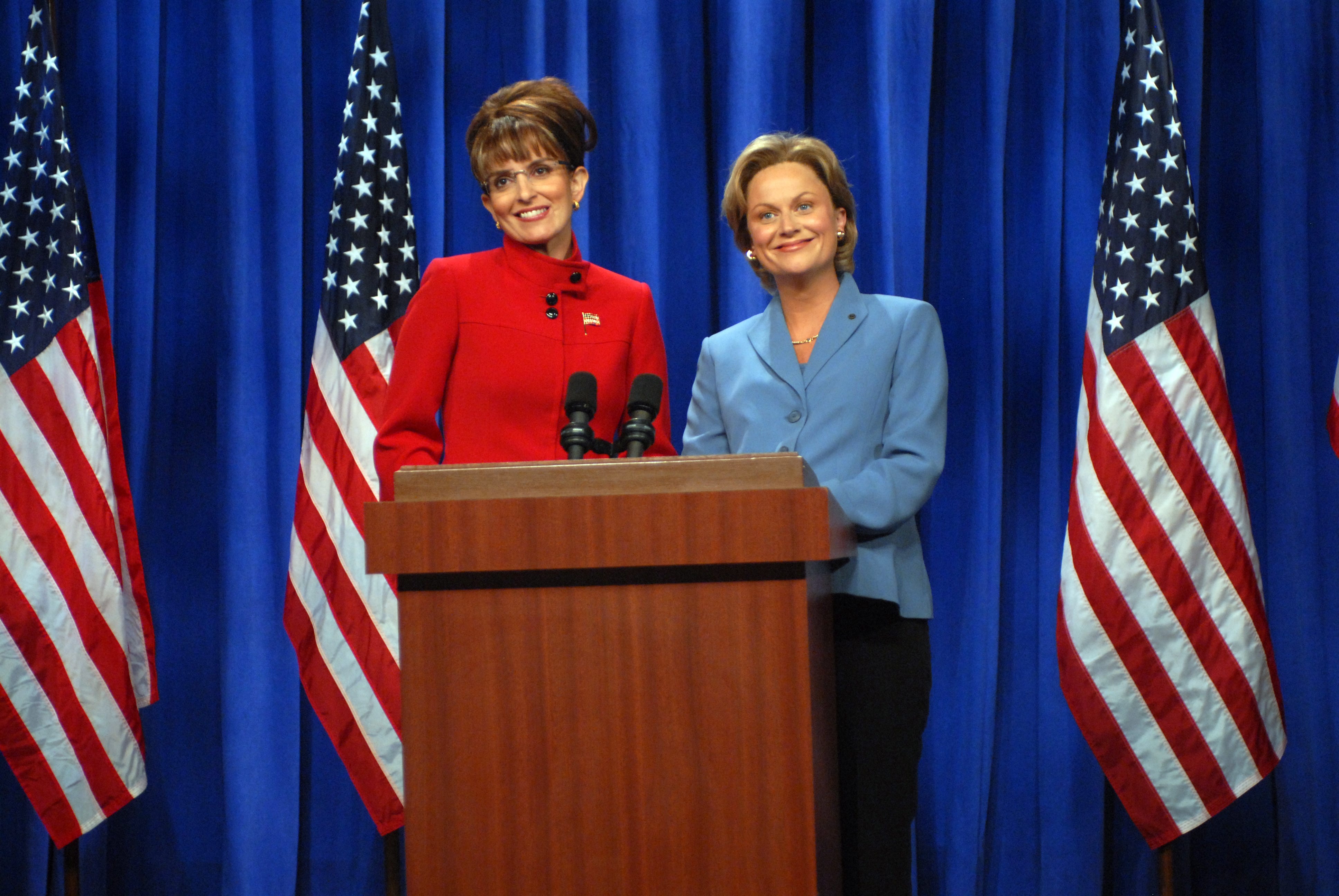 Tina Fey as then-Governor Sarah Palin and Amy Poehler as then-Senator Hillary Clinton in a 2008 "Saturday Night Live" sketch.