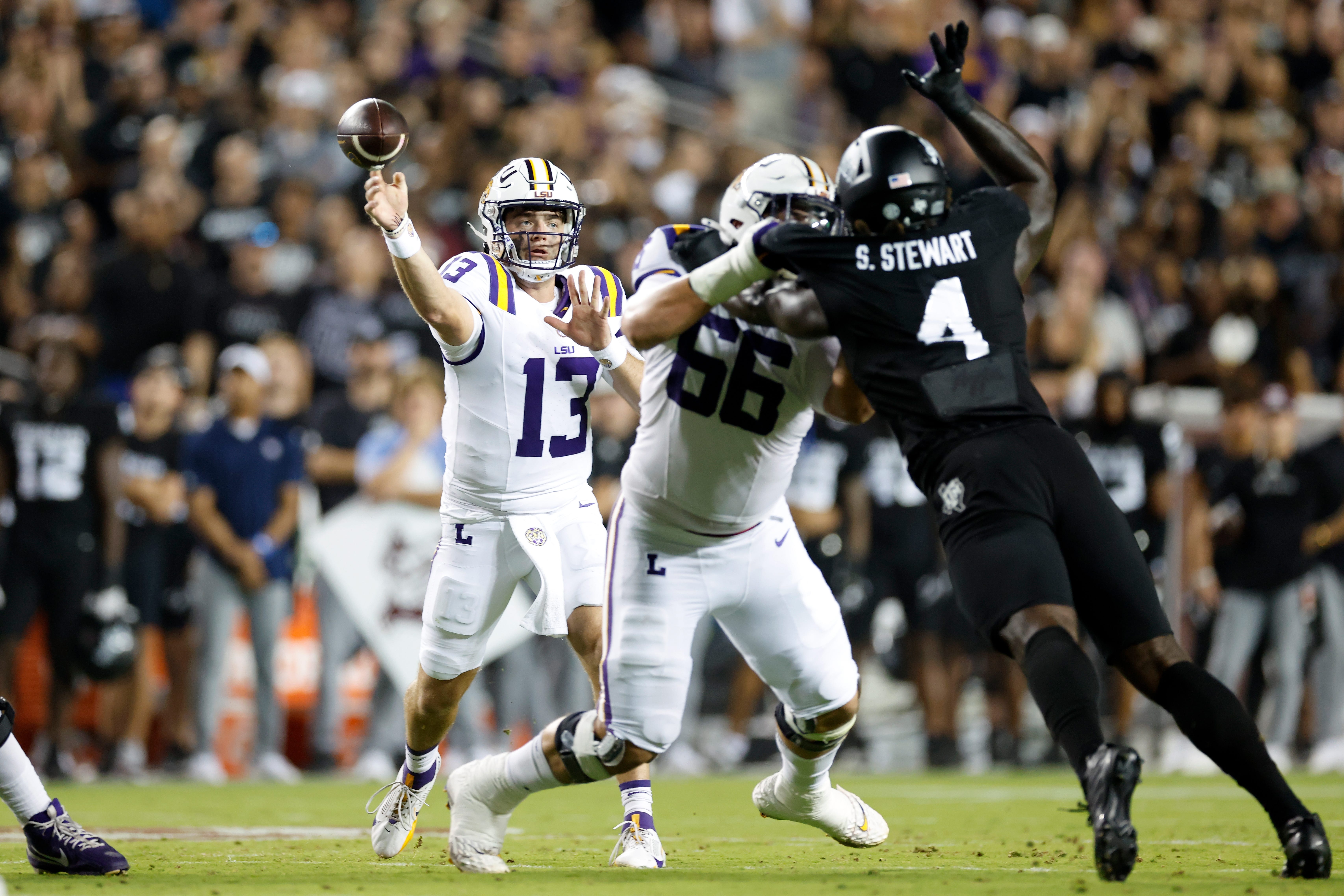 LSU quarterback Garrett Nussmeier throws a pass against Texas A&M during the first half at Kyle Field on October 26, 2024 in College Station, Texas.