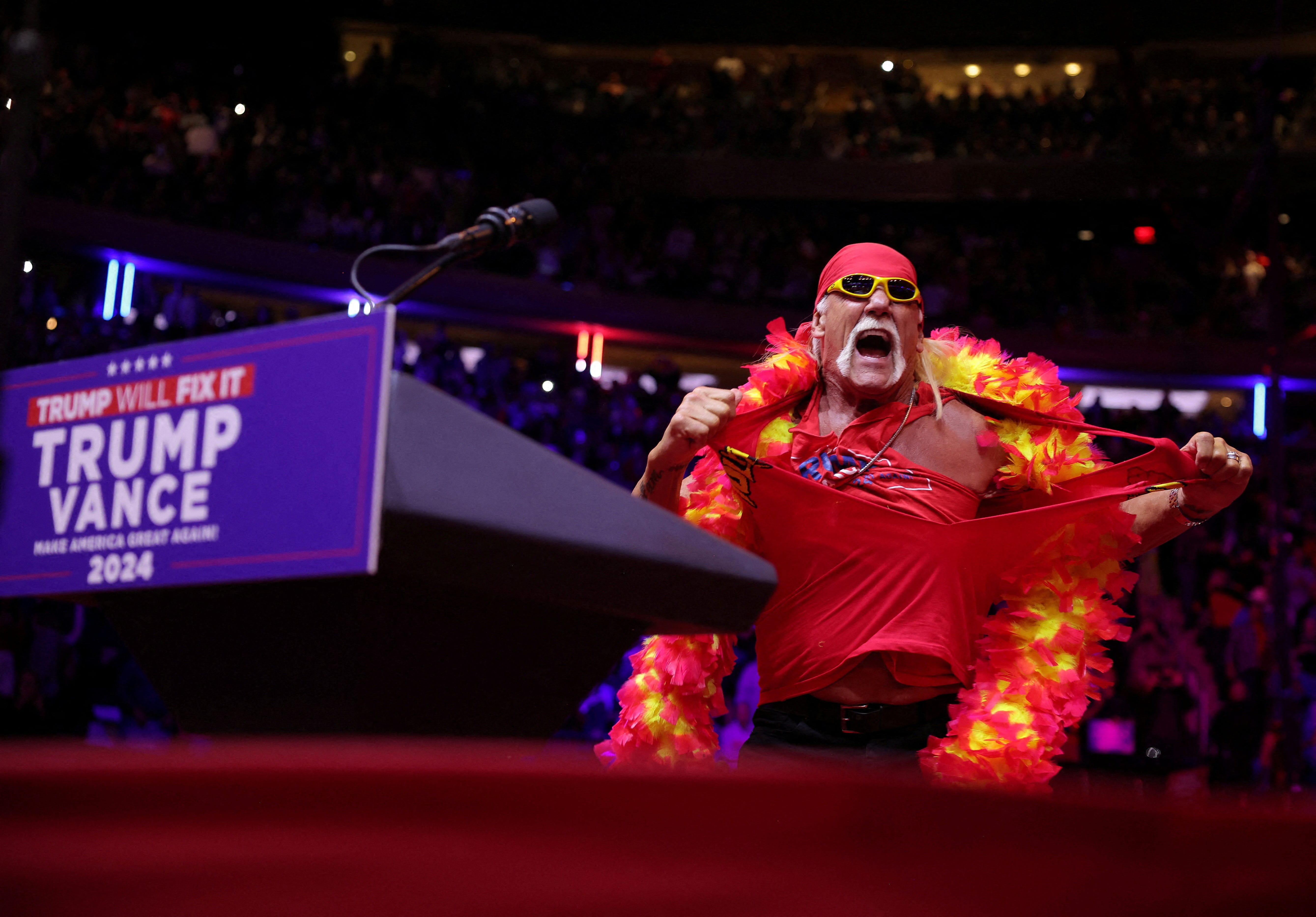 Hulk Hogan tears his shirt during a rally for Republican presidential nominee and former U.S. President Donald Trump, at Madison Square Garden, in New York City, U.S. October 27, 2024.
