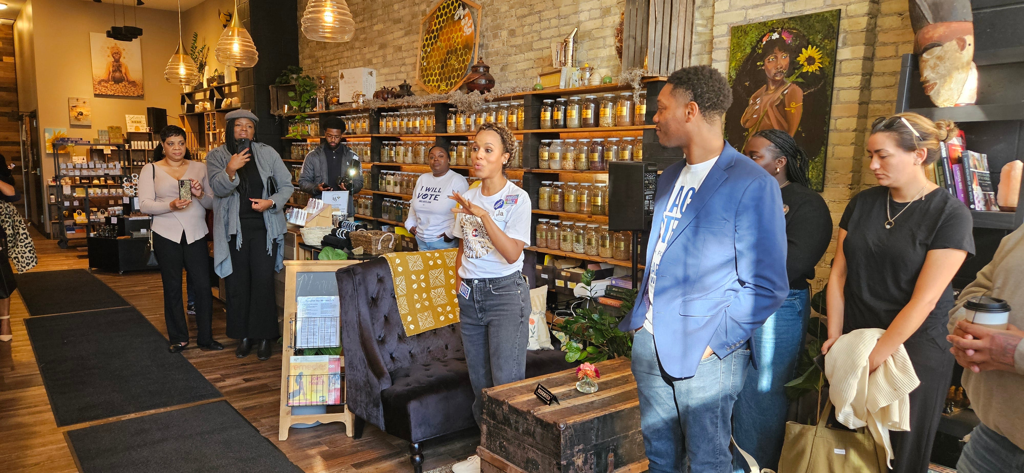 Kerry Washington campaigns for Kamala Harris at HoneyBee Sage Wellness & Apothecary in Milwaukee, Wisconsin on Sunday, Oct. 27.