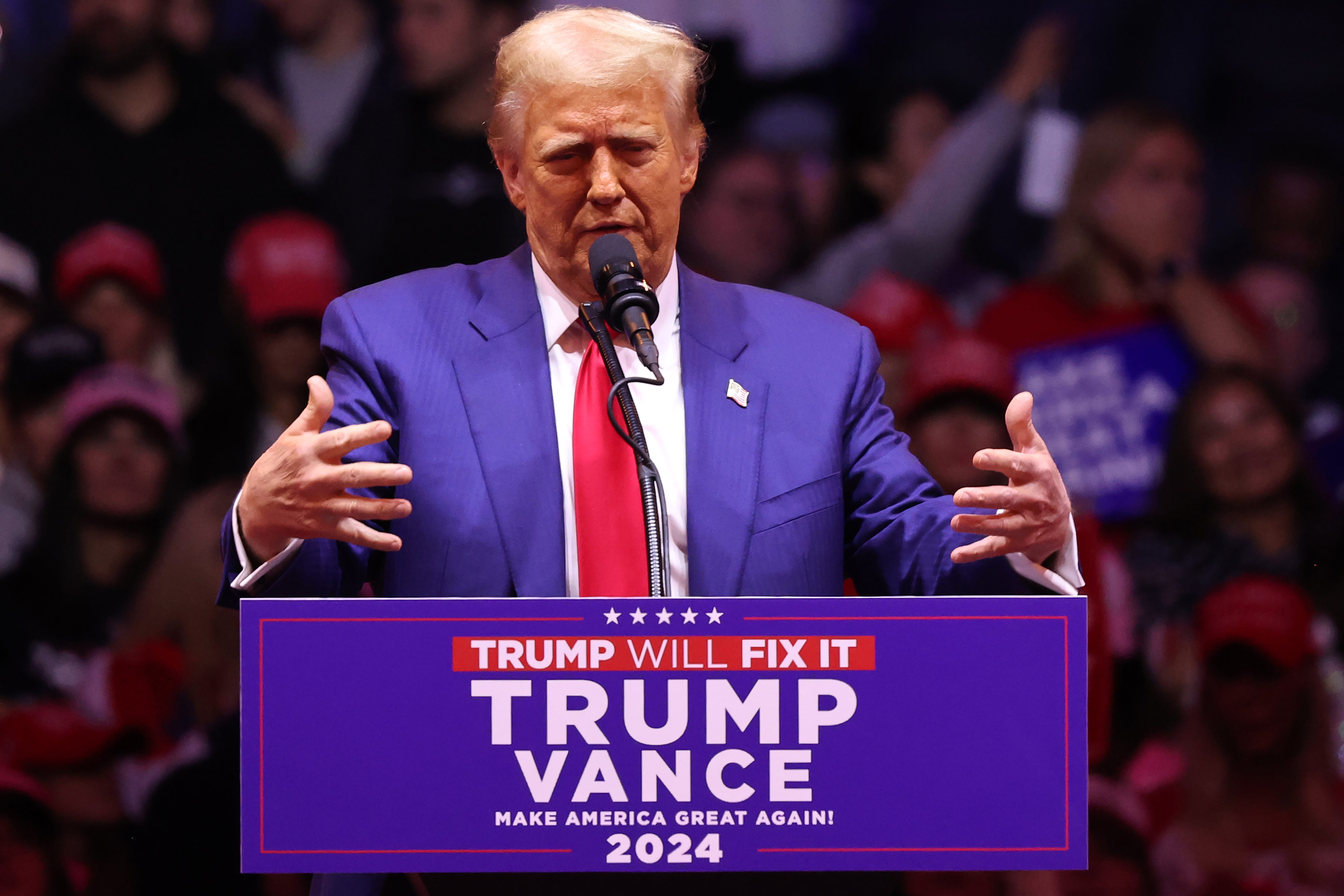 NEW YORK, NEW YORK - OCTOBER 27: Republican presidential nominee, former U.S. President Donald Trump speaks at a campaign rally at Madison Square Garden on October 27, 2024 in New York City. Trump closed out his weekend of campaigning in New York City with a guest list of speakers that includes his running mate Republican Vice Presidential nominee, U.S. Sen. J.D. Vance (R-OH), Tesla CEO Elon Musk, UFC CEO Dana White, and House Speaker Mike Johnson, among others, nine   days before Election Day. (Photo by Michael M. Santiago/Getty Images)