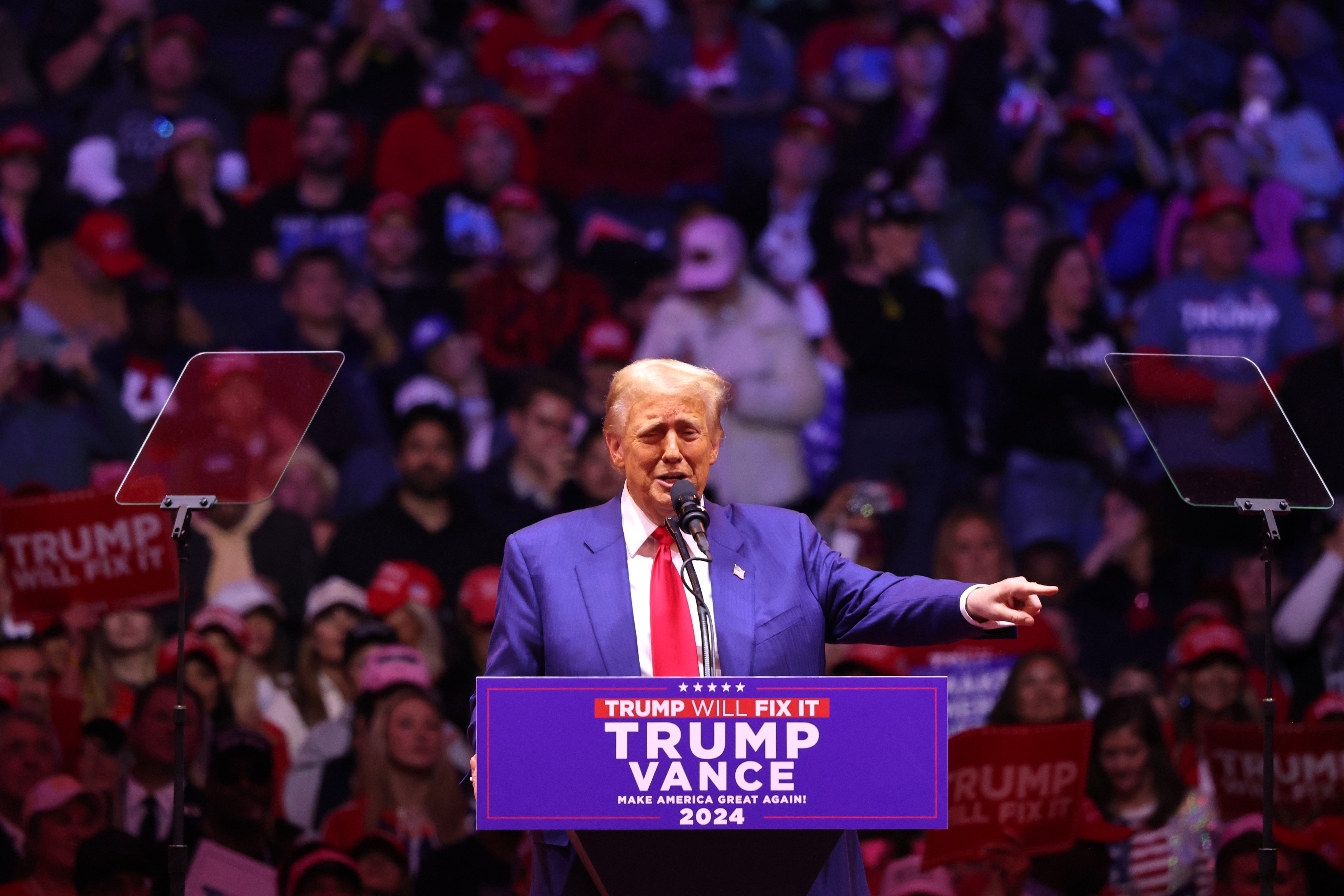Republican presidential nominee, former President Donald Trump speaks at a campaign rally at Madison Square Garden on October 27, 2024 in New York City.
