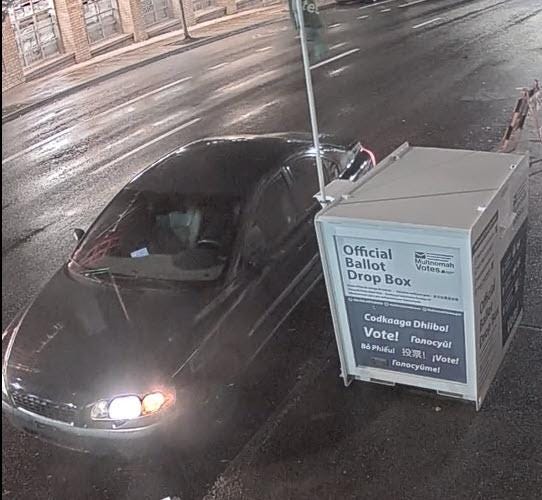 A suspect vehicle image released Oct. 28, 2024 by the Portland Police Bureau as it investigates an incident in which a Portland ballot box was set on fire.