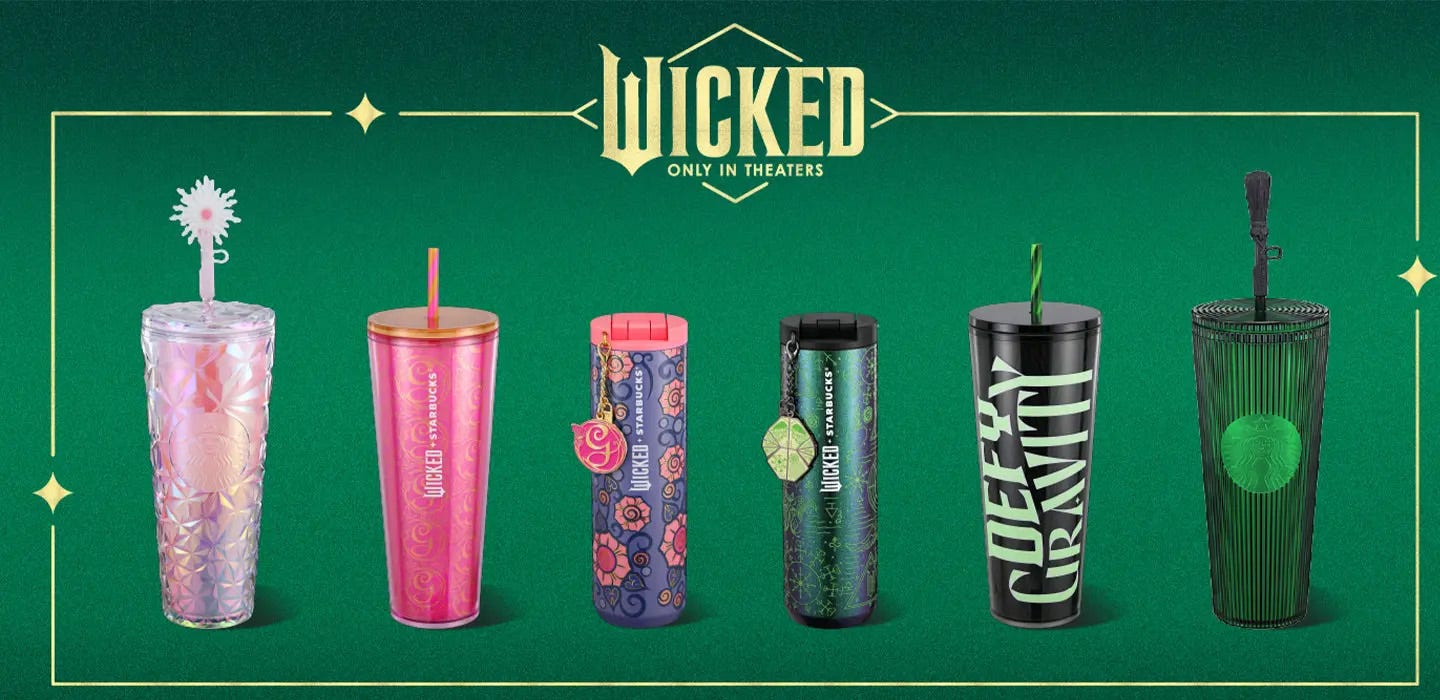 Starbucks new WICKED merch: Starting Nov. 7, 2024, participating stores in the U.S., Canada and select international markets will offer an assortment of cold cups, tumblers, keychains and more.