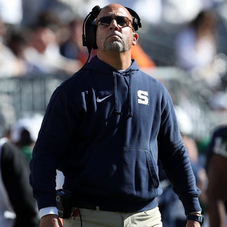 Penn State coach James Franklin looks up at the scoreboard during his team's game against Ohio State at Beaver Stadium.