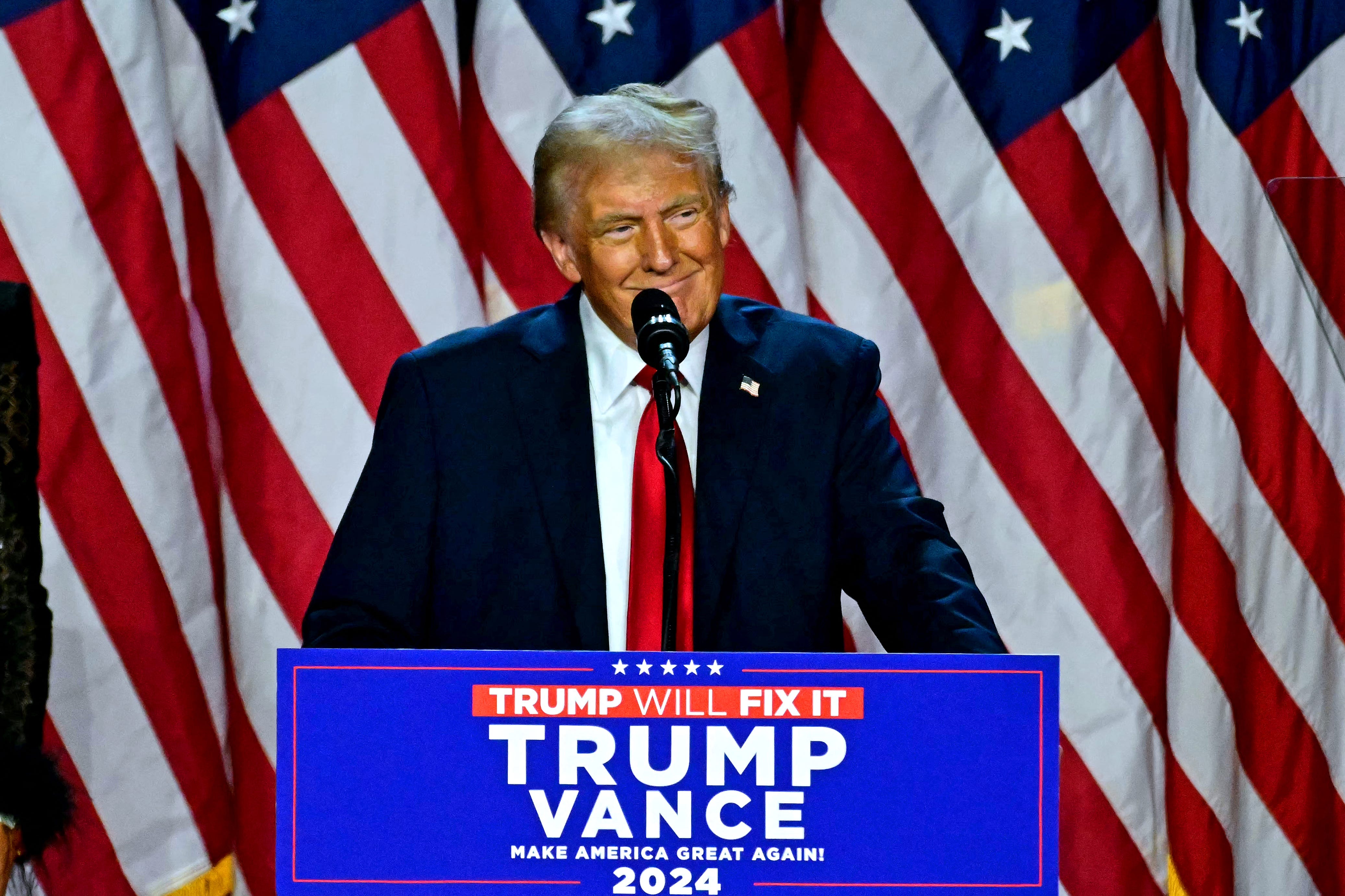 Former President and Republican presidential candidate Donald Trump speaks during an election night event at the West Palm Beach Convention Center in West Palm Beach, Florida, on Nov. 6, 2024.